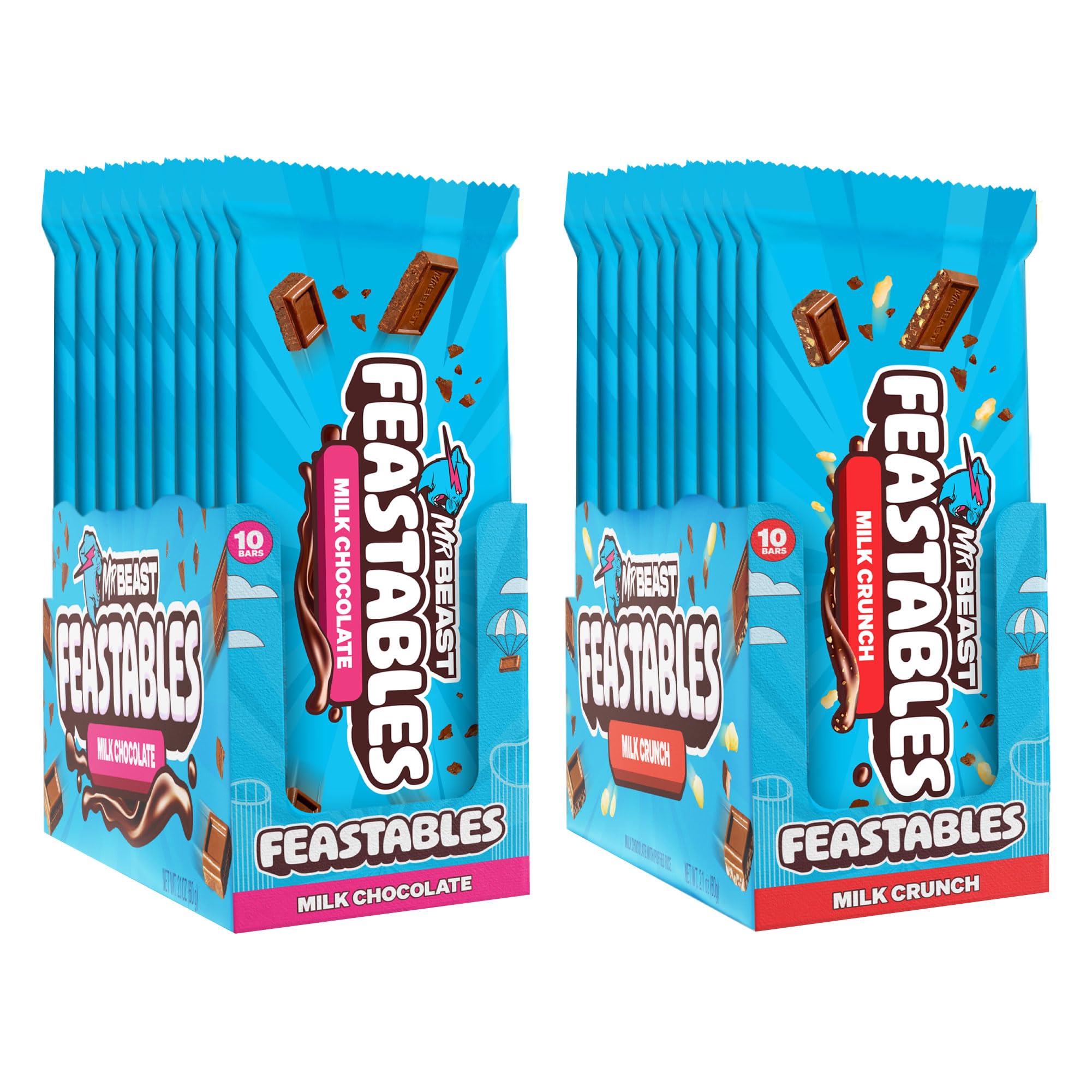 FeastablesMrBeast Combo Pack, King Size Milk Chocolate & Milk Crunch Candy Bar for Adults & Kids, Candy Bars for Halloween Candy, Snacks, Gifts, or Dessert, Fairtrade Cocoa, 2.1 Oz Each, 20 Count