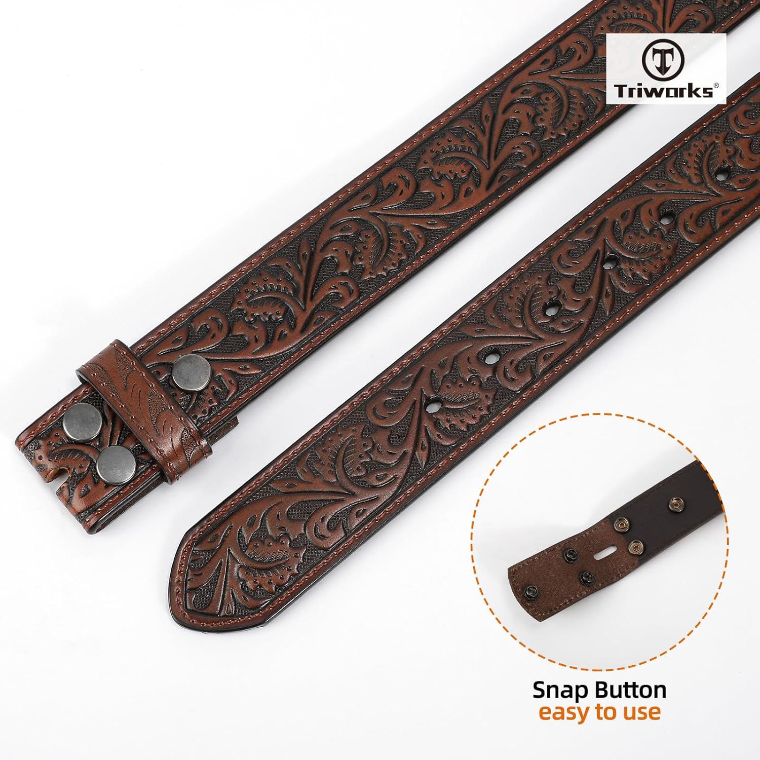 TRIWORKS Western Belt Strap for Men without Buckle 1.5" Wide Floral Engraved Embossed Leather Belt Strap - Image 3
