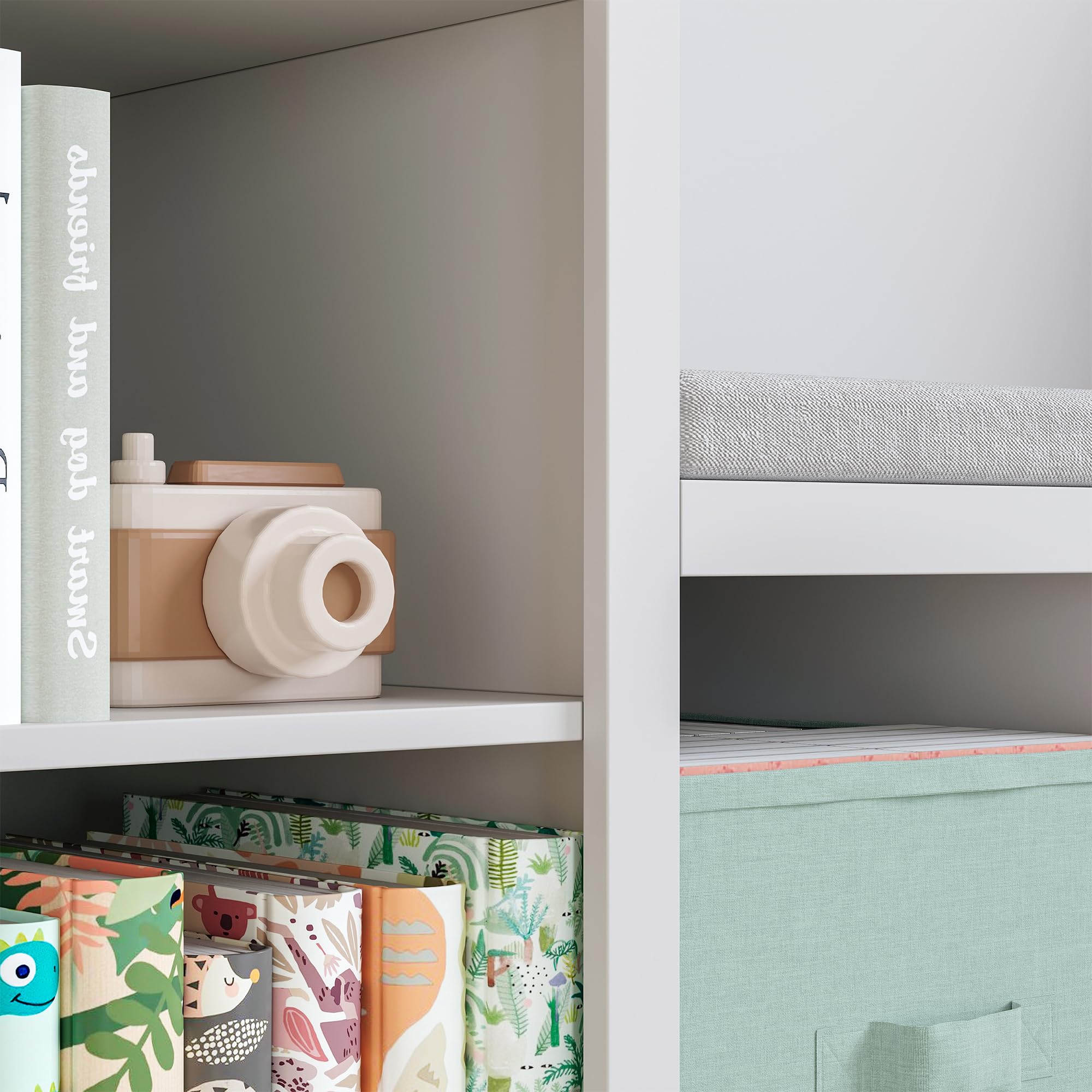 [en.casa] Étagère pour Enfants avec Banc d'Assise Coussin Confortable Bibliothèque Meuble à Chaussures Panneau de Particules Polyester Polyuréthane 76 x 112 x 40 cm Blanc Vert Menthe