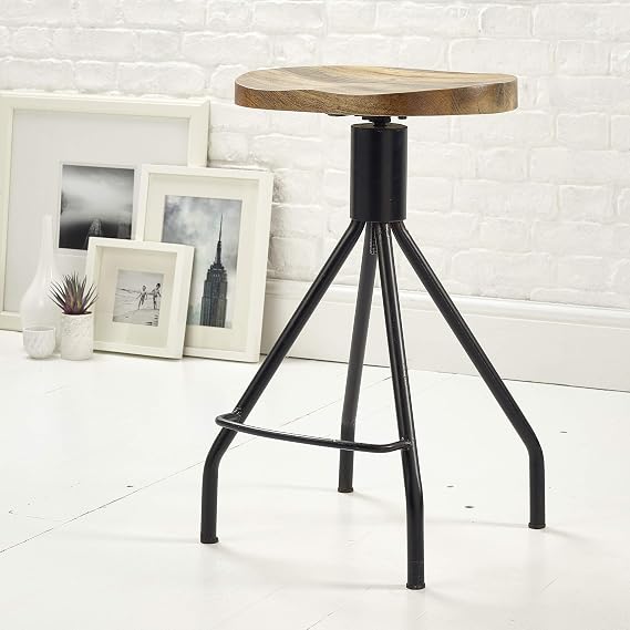 The Elm Home and Homemade Garden Bar Kitchen Pub Café Breakfast Stool Solid Mango Wooden Top Adjustable Height