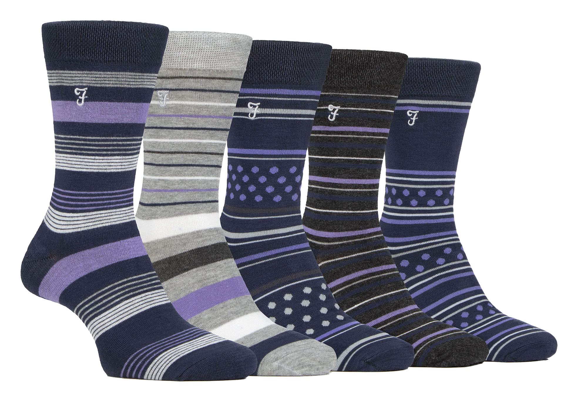 Farah - Mens 5 Pack Natural Organic Bamboo Bright Striped Patterned Socks (6-11, Navy/Purple)