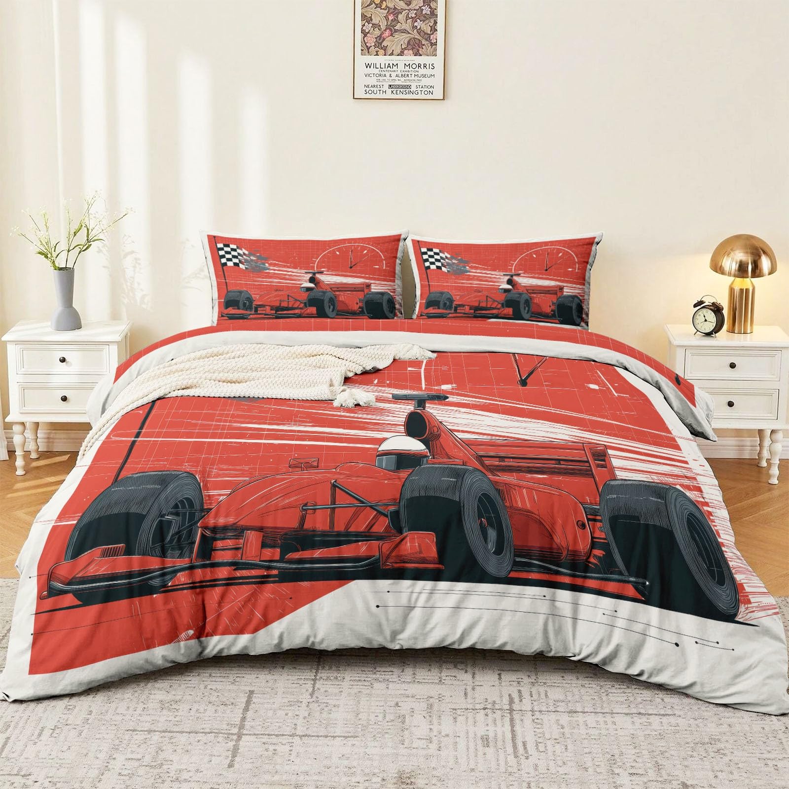 Nowoczesny fajny zestaw pościeli, sportowy wyścigowy prędkościomierz, ultrasoft czerwony, hipoalergiczny zestaw pościeli z mikrofibry, 230 x 220 cm z zamkiem błyskawicznym dla dzieci i nastolatków