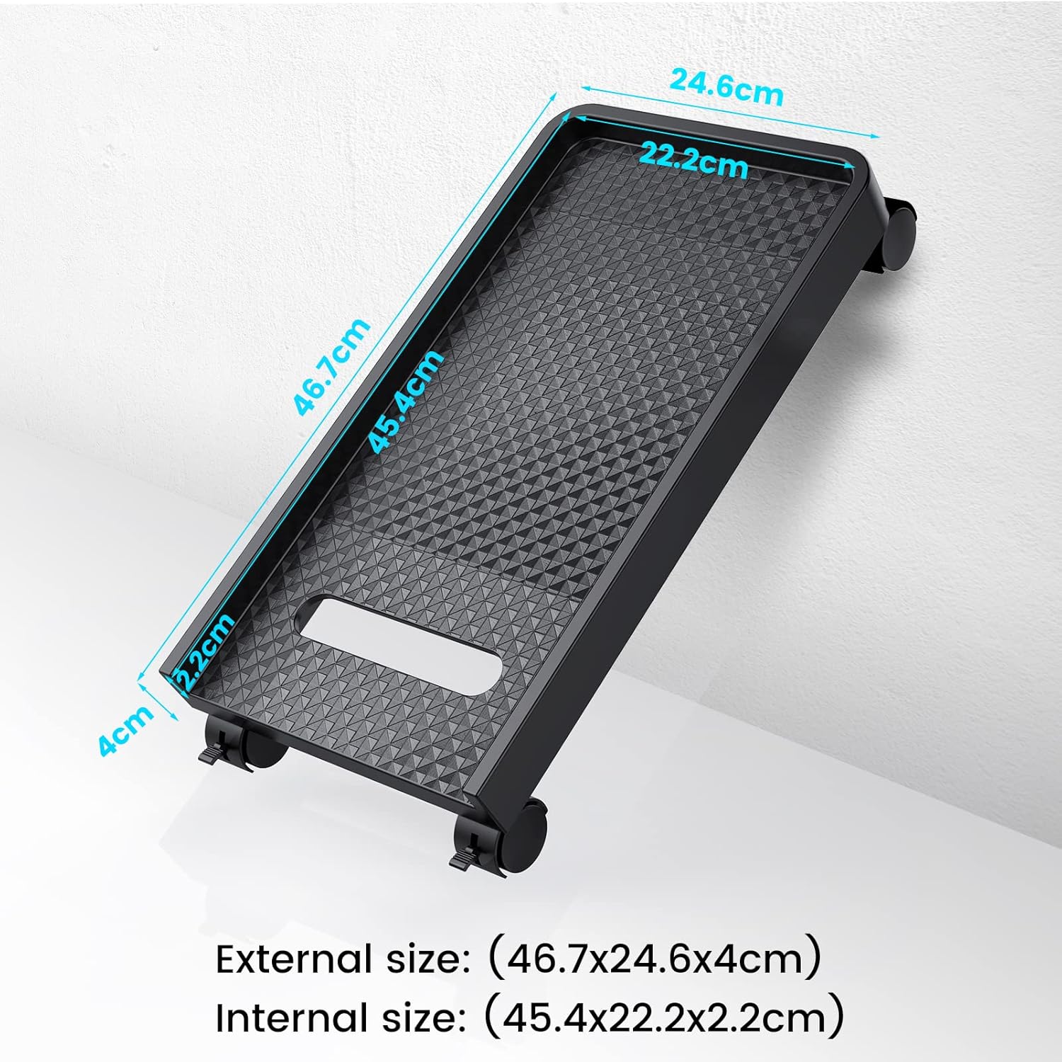 Diagram showing external and internal dimensions of the ORICO CPU stand
