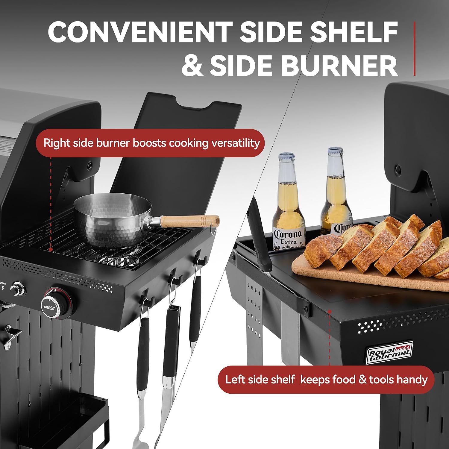 Grill side shelf with side burner and tool hooks.