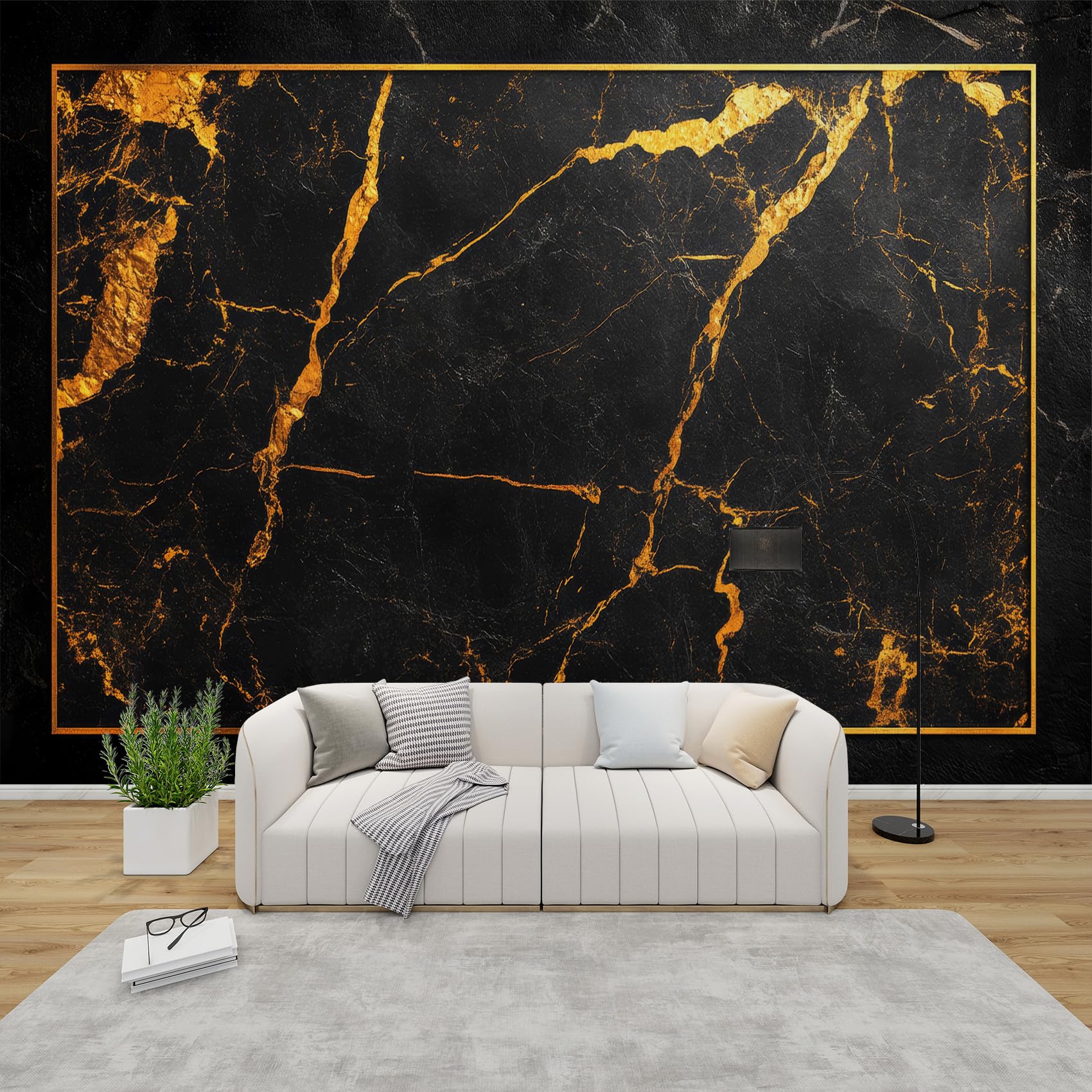 QEODAH Marble Mural Wallpaper for Living Room, Black Gold Wall Art for Bedroom, Modern Luxury Wall Murals for Bedrooms, Renter Friendly Removable Waterproof Non-Woven Photo Wallpaper 3D, 400x280 cm