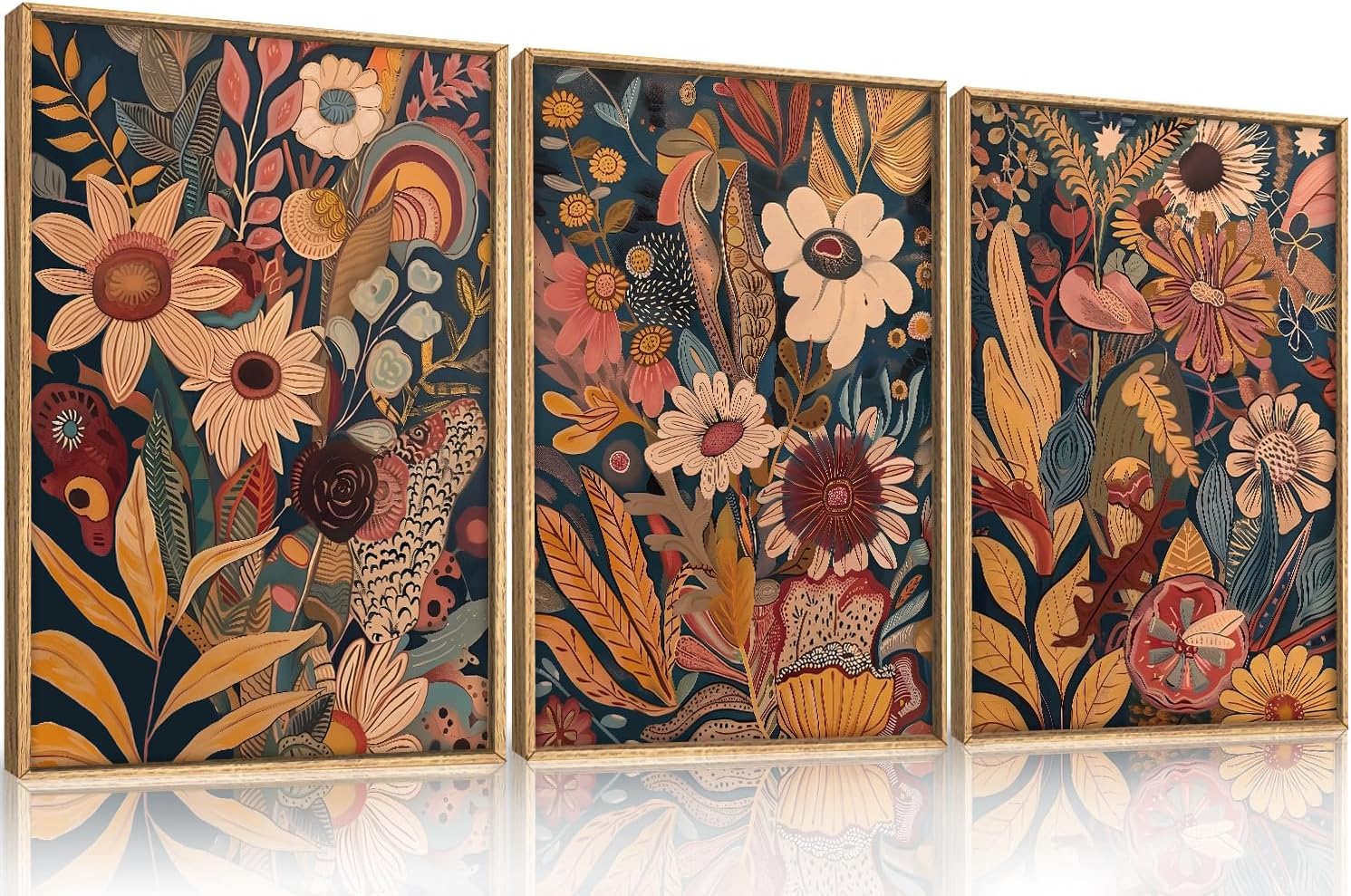 HOURIA Large Retro Floral Framed Canvas Wall Art Set,Boho Flowers Bouquet Wall Decor,Vintage Botanical Wall Painting,Colorful Plant Art Print for Living Room, Bedroom, Office- 16"x24"x3 Retro Floral Wall Art 24L" x 16W"