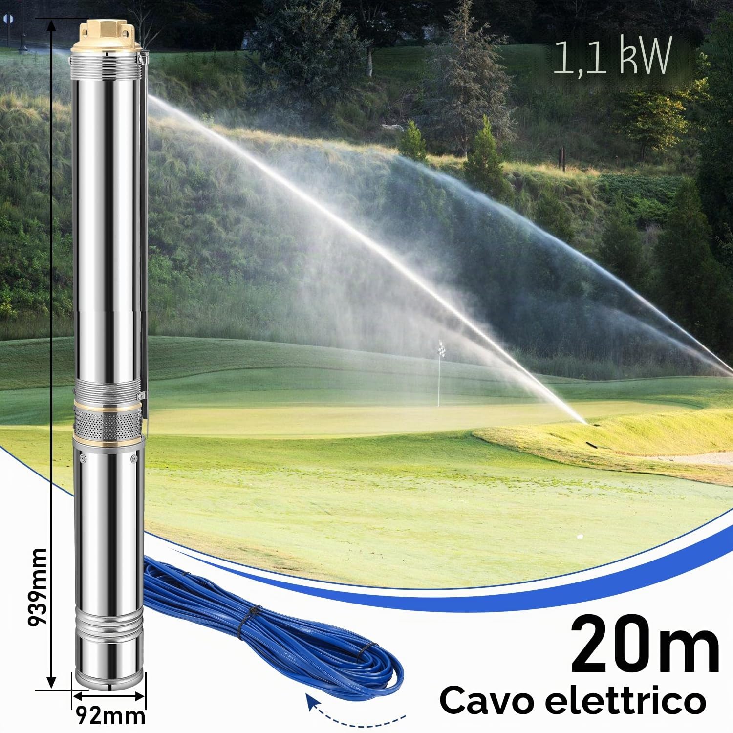 Pompa per fontana profonda, 1100 W, 4000 l/h, sommersa max. 81 m, in acciaio inox, pressione 8,1 bar