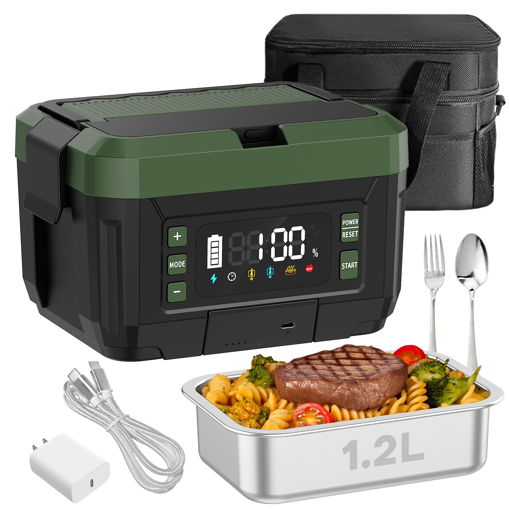 Battery Powered Heated Lunch Box - 20000mAh Cordless Electric Lunch Box for Adults 1 2L Stainless Steel Self-Heating
