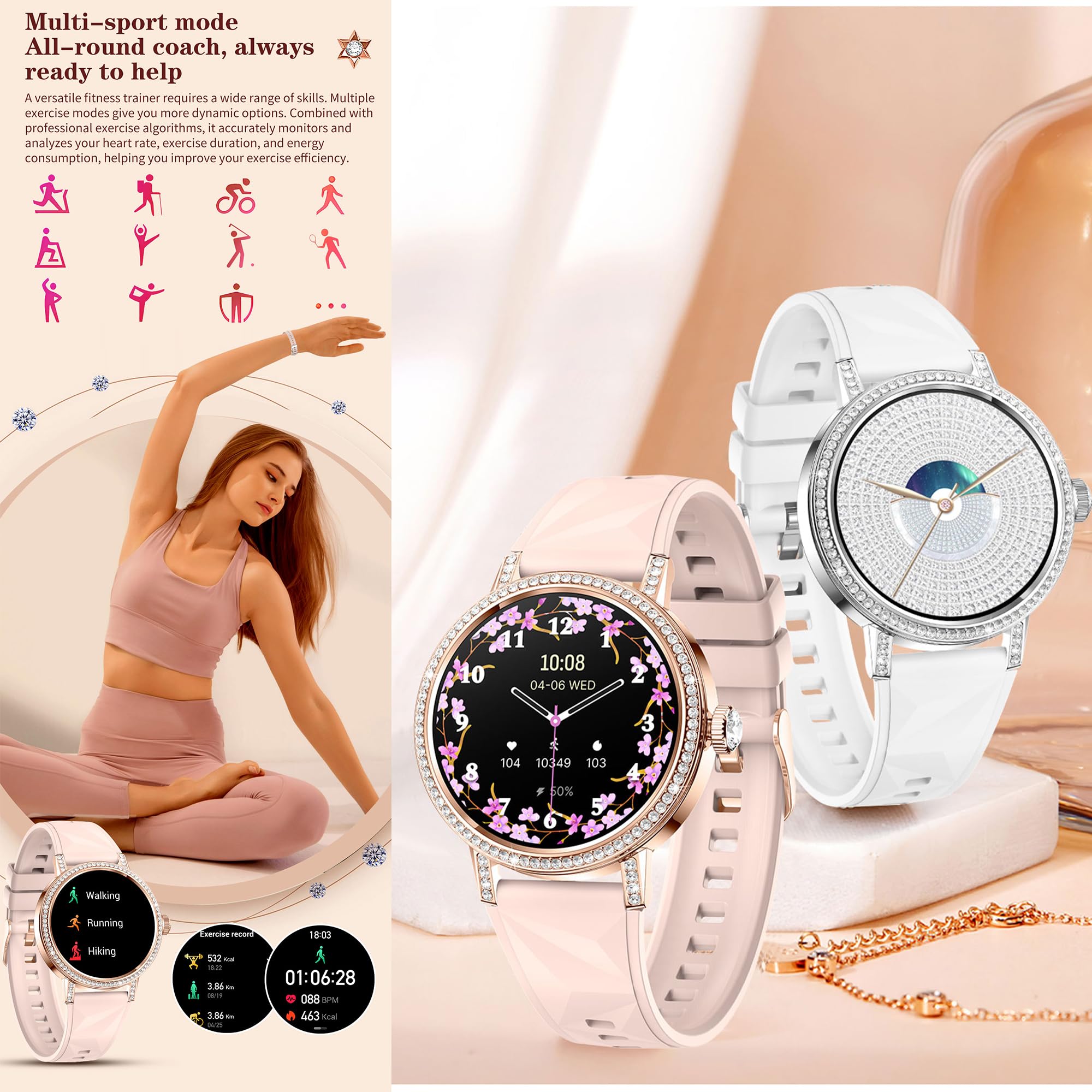 Reloj Inteligente Mujer con Llamadas, 1,27 Pulgada Smartwatch Mujer Deportivo con Podometro Pulsometro SpO2 Sueño Presion Arterial Actividad IP67 Reloj Digital para iOS Android (Plateado)
