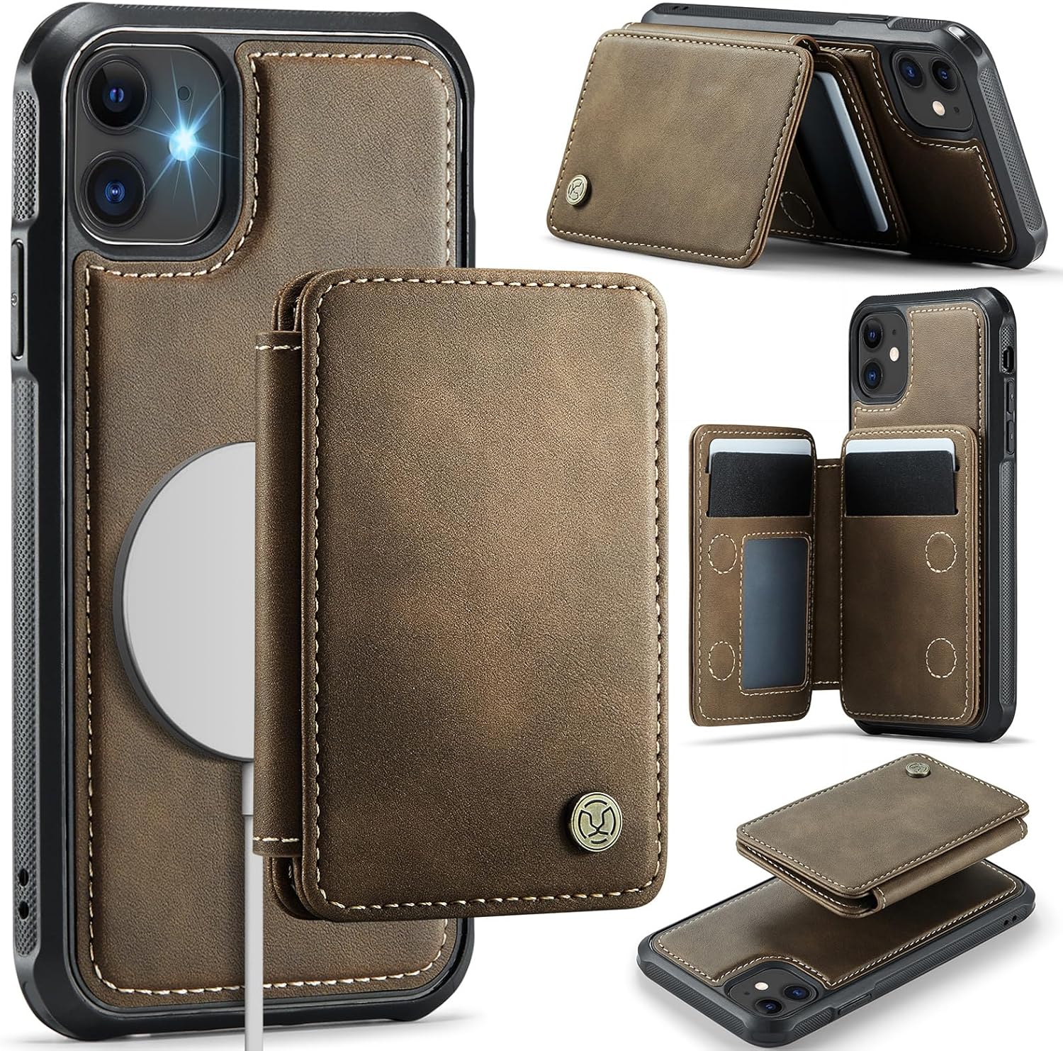 Compatible with Magsafe for iPhone 11 Wallet Case Magnetic Card Holder, RFID Blocking 2 in 1 Detachable Kickstand Shockproof Cover for Women Men, Brown