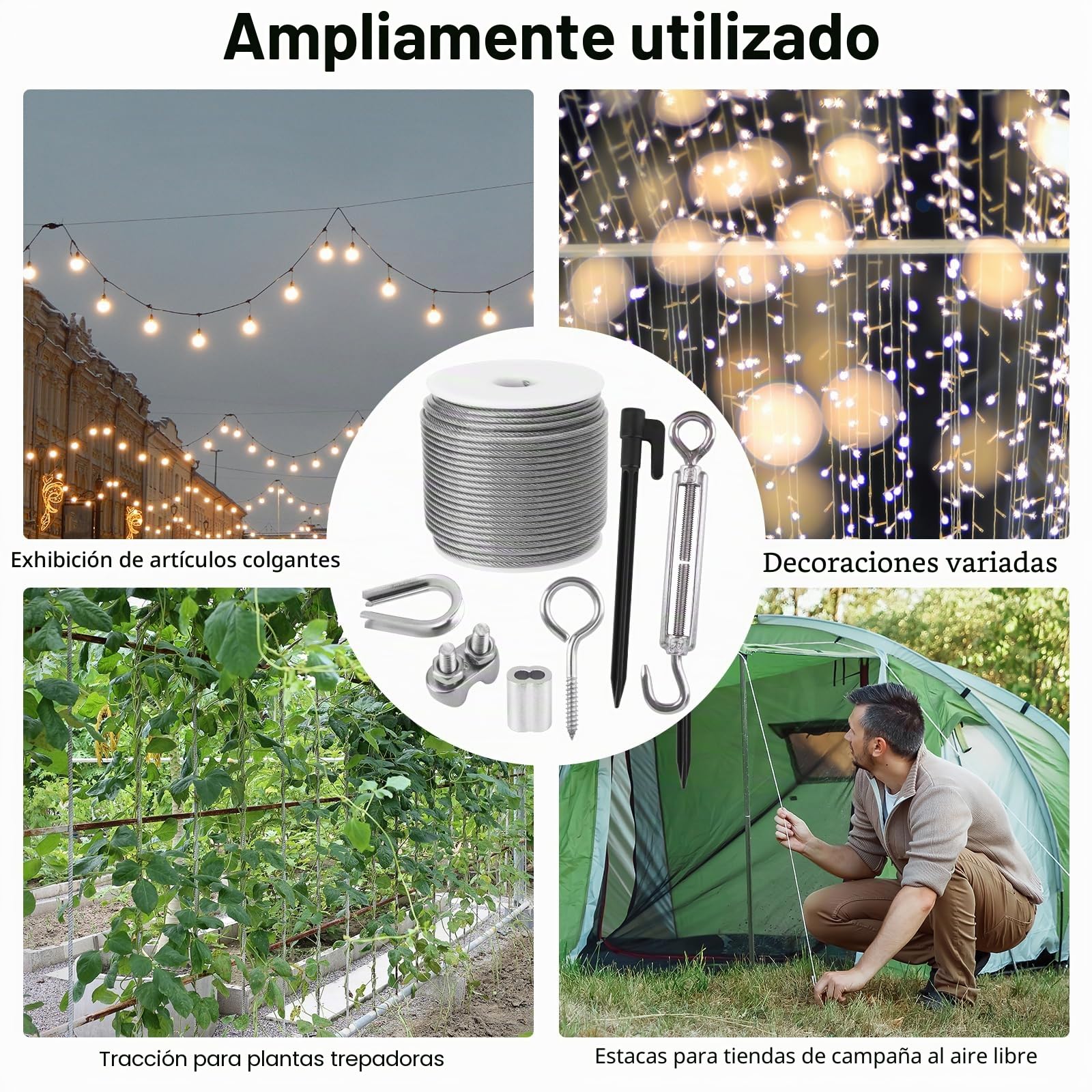 Cable de acero inoxidable de 50 m, cable de acero de 3 mm con ojales M5, tensor de cable, cerradura, alambre, revestimiento de PVC para enredaderas, vallas, suspensión de luz, tendedero