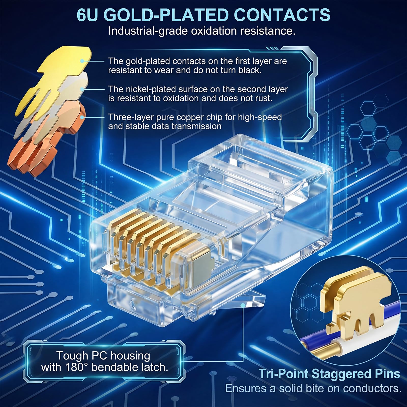 Tellegloww Lot de 500 connecteurs RJ45 Cat6 en vrac plaqués or 6µ pour câbles Ethernet Utp solides et toronnés
