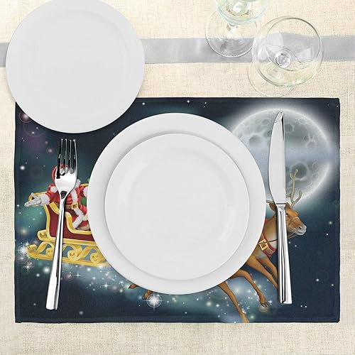 Miniatura 3 de Lunarable Juego de 4 manteles individuales de Navidad, Papá Noel con reno en trineo, noche estrellada oscura con fantasía de luna, manteles