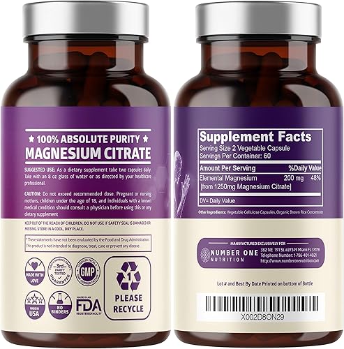 Miniatura 1 de N1N Cápsulas de citrato de magnesio premium 1250 mg 120 cápsulas de veg [100% puro] dosis potente para dormir, calambres musculares, salud ósea,