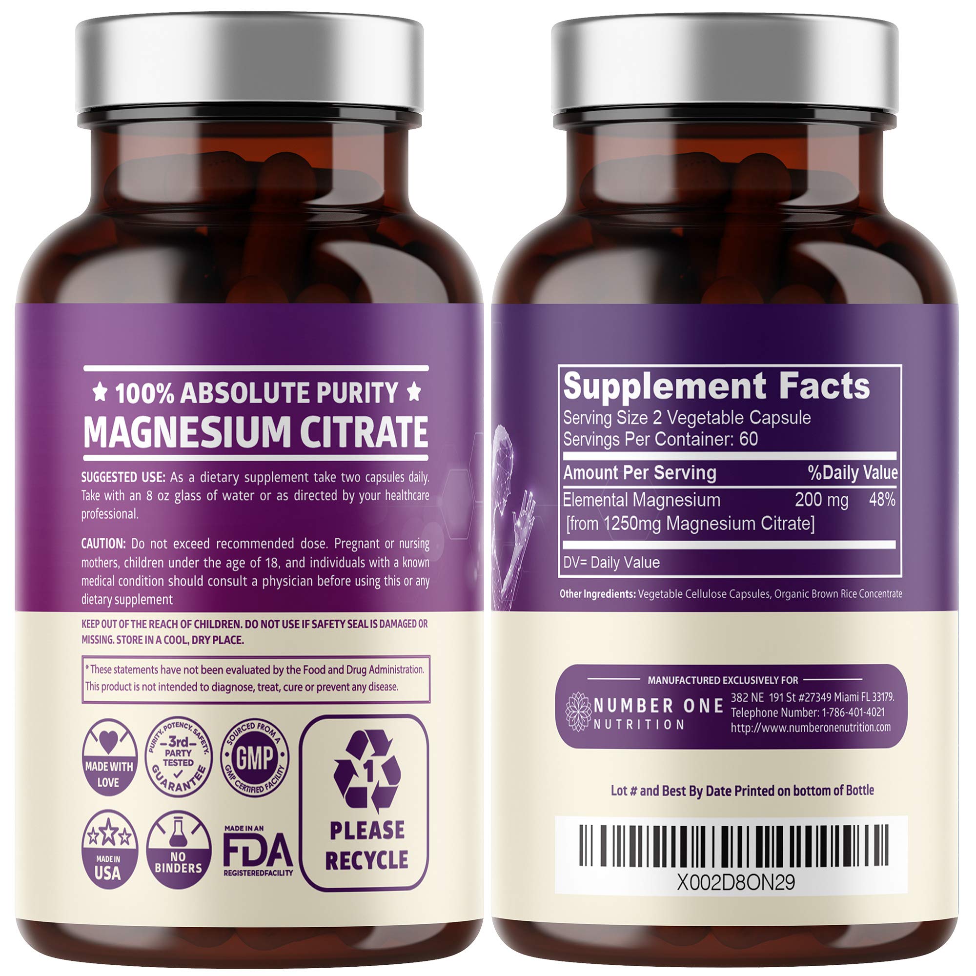 Pure Magnesium Citrate Capsules 1250mg, Easily Absorbed and Purified Trace Mineral for Muscle and Digestive Support, 120 Caps — Amazon image 2