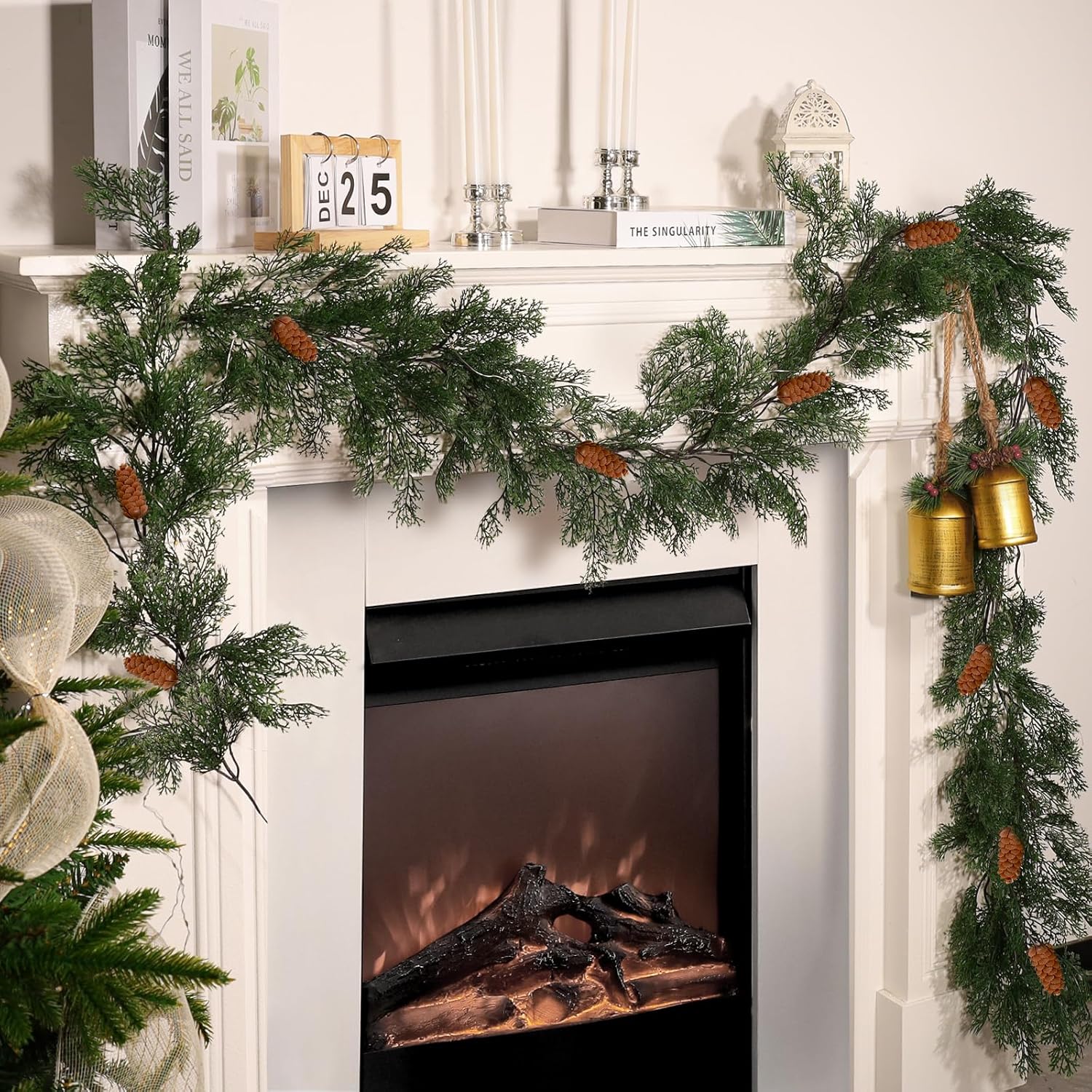 8.8FT Pre-lit Artificial Christmas Garland with Pine Cones,Realistic Cedar Garland Artificial Pine Cypress Vines,Greenery Garland for Xmas Table Mantle Room Indoor Background Wall Decoration