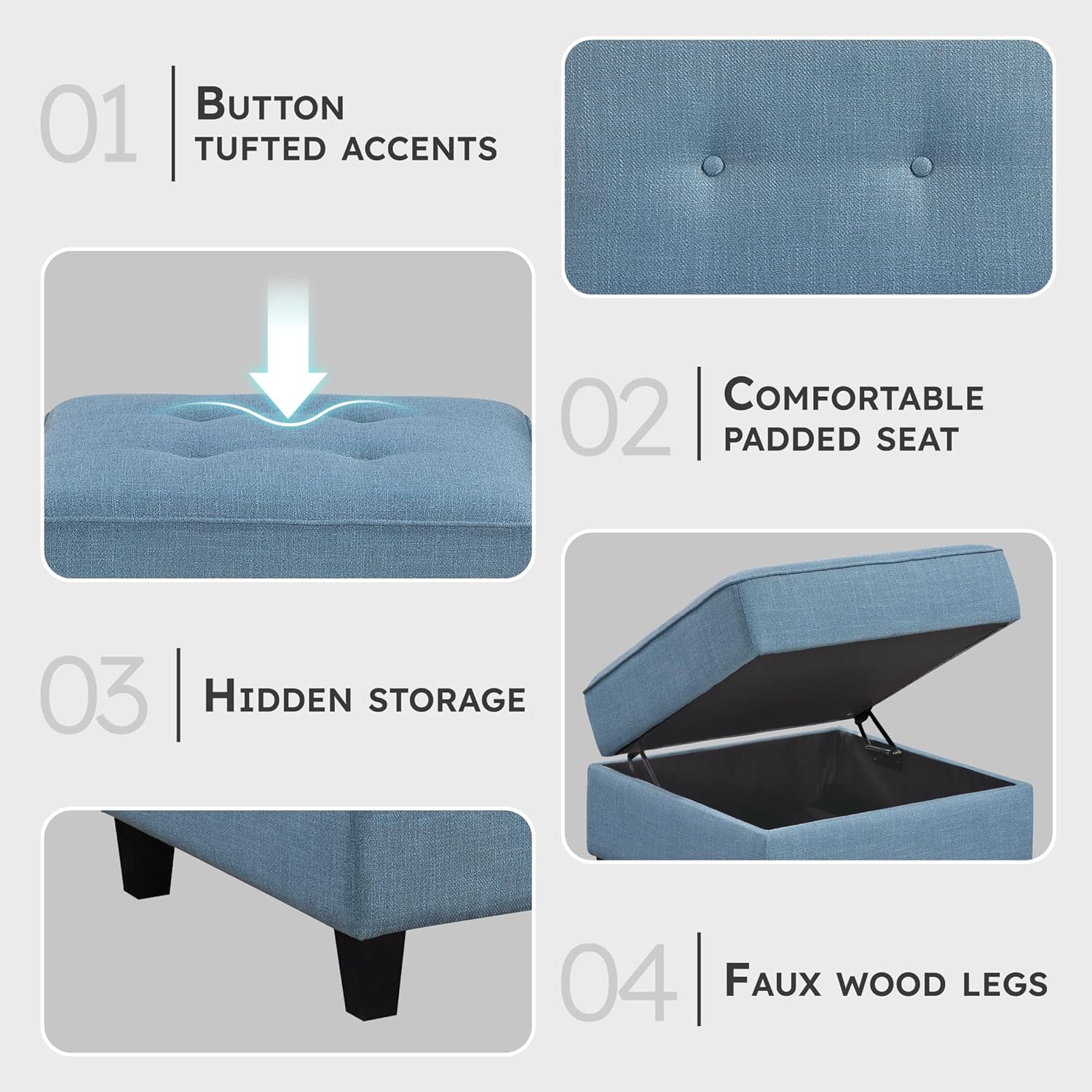 Lexicon Modern Ottoman with Hidden Storage, Textured Fabric Modular Square Ottoman Foot Rest with Button-Tufted Design for Living Room/Bedroom/Office, Blue