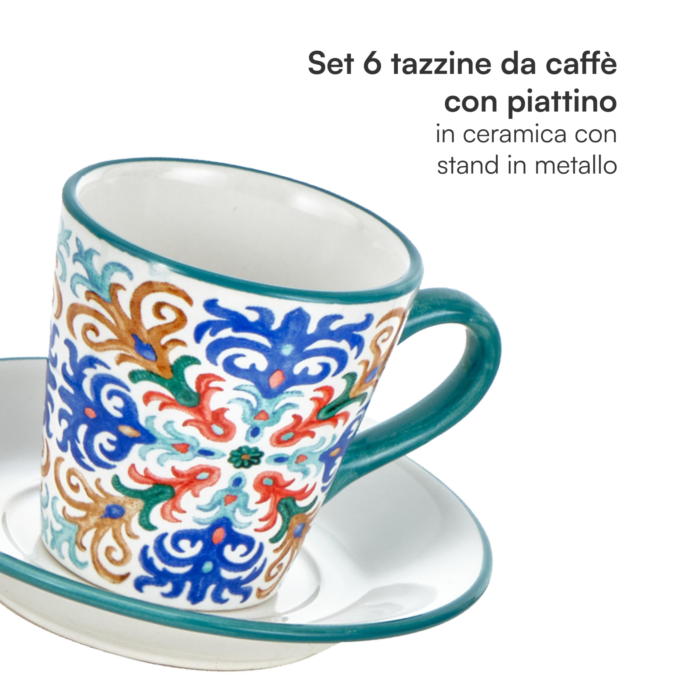 Baroni Home Set 6 Tasses Café Céramique Avec Soucoupes Et Support Métal - Ligne Stylish Colorée, Lavable Lave-Vaisselle