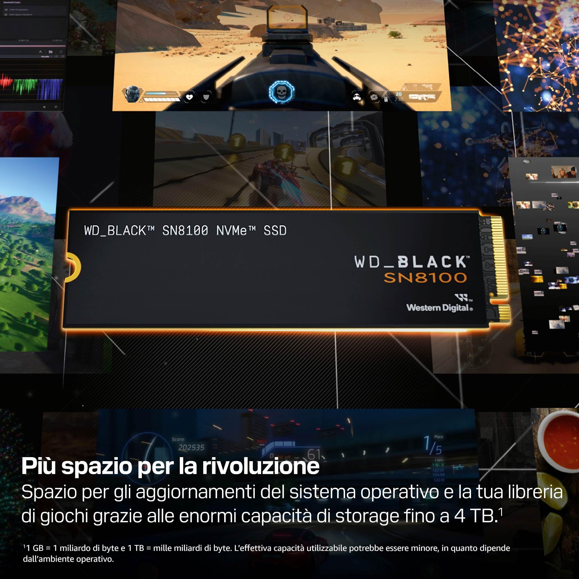 WD_BLACK SN8100 PCIe Gen 5 NVMe SSD 4TB (Fino a 14.900MB/s lettura sequenziale, fino a 14000MB/s scrittura sequenziale, fino a 2.400TBW, M.22280, TLC 3D CBA NAND) POWERED BY SANDISK