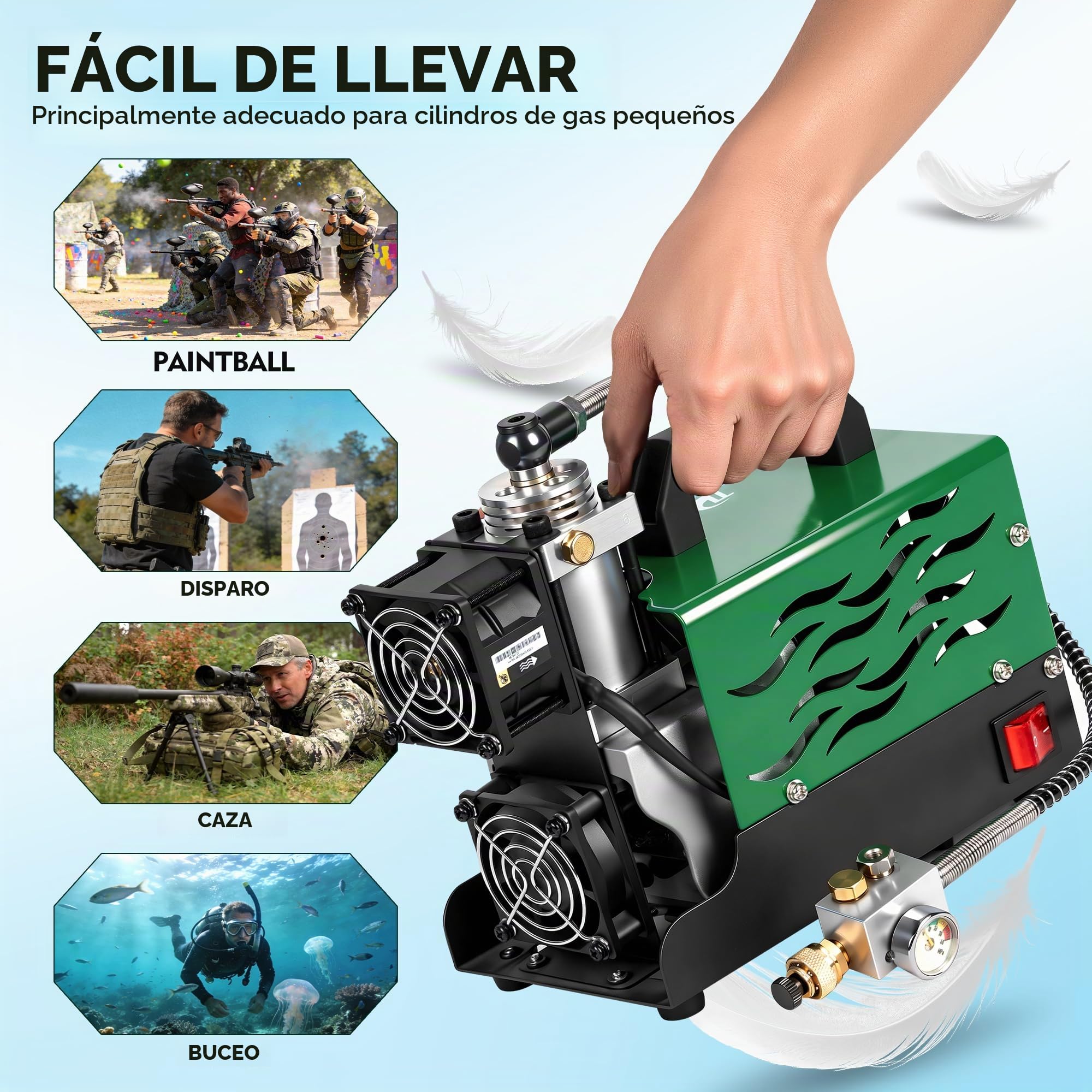TUDIVING - Compresor de aire PCP portátil | 12 V CC/220 V CA | Inflado rápido | Ligero | Fácil de transportar | Para paintball, rifle de aire comprimido y tanque de buceo