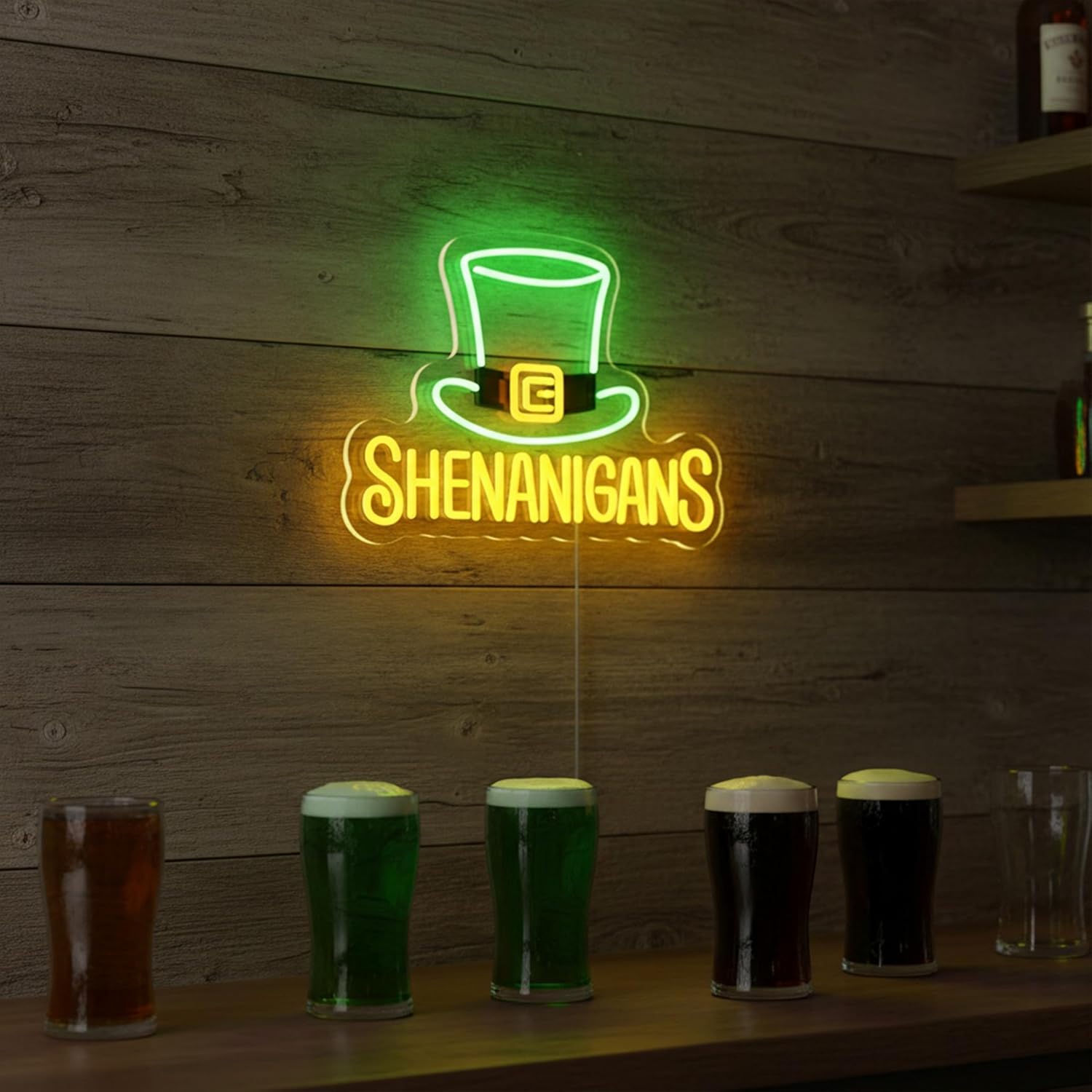 Shenanigans Neon Sign for Wall Decor 15" LED Green Leprechaun Hat Light Up Sign Funny St. Patrick's Day Decorations USB Powered with Switch for Home Bar Party Game Room Man Cave Wall Art