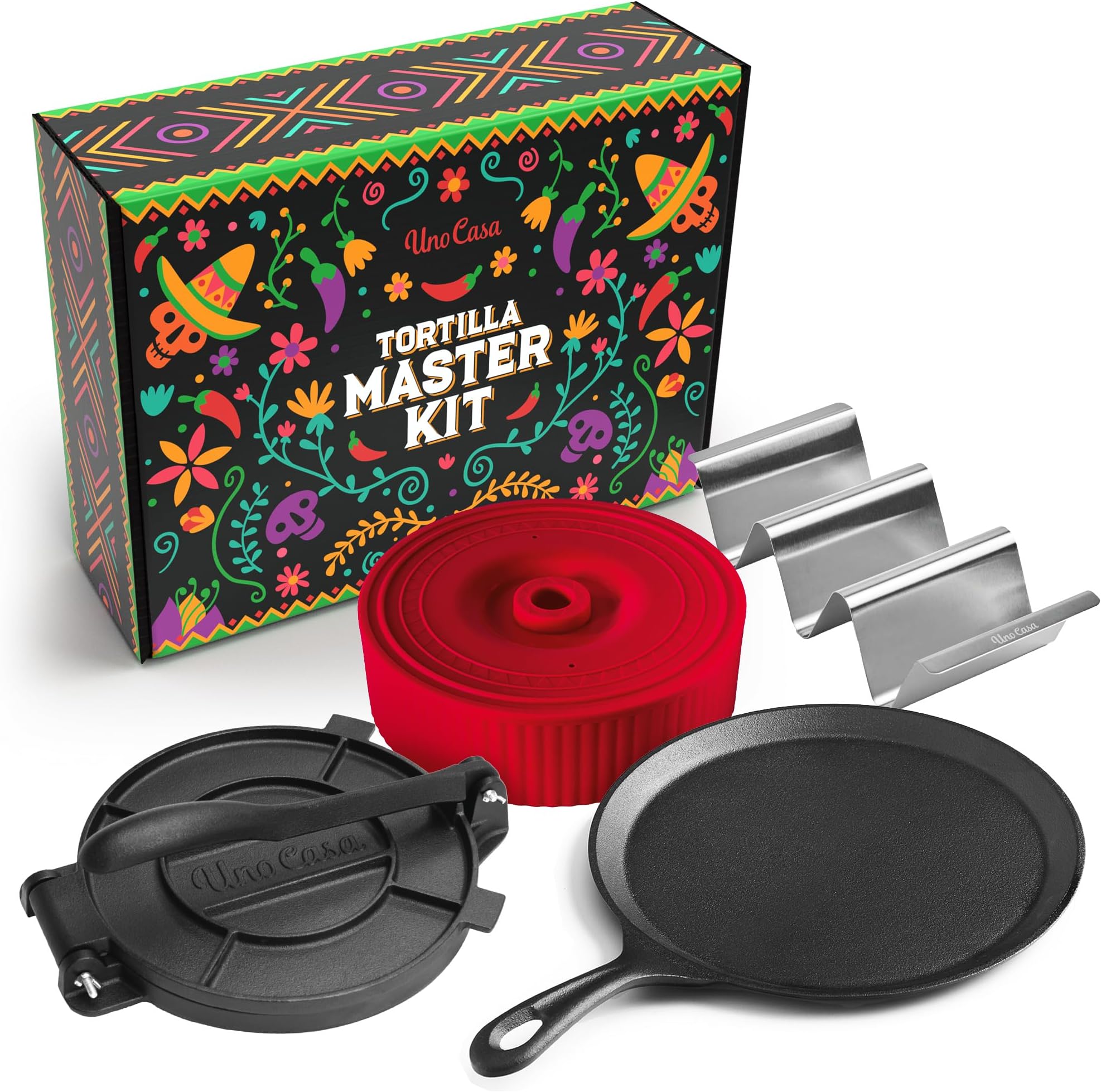 Uno Casa Tortilla Master Kit - Tortilla Press 8 Inch with 10.5 IN Comal Pan, 4 Taco Holders, and Tortilla Warmer - Complete Taco Tuesday Kit, Rotis, and Quesadillas - Unique Gift for Friends or Family