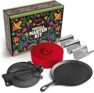 Uno Casa Tortilla Master Kit - Tortilla Press 8 Inch with Comal Pan, 4 Taco Holders, and Tortilla Warmer - Complete Taco Tuesday Kit, Rotis, and Quesadillas - Unique Gift for Friends and Family
