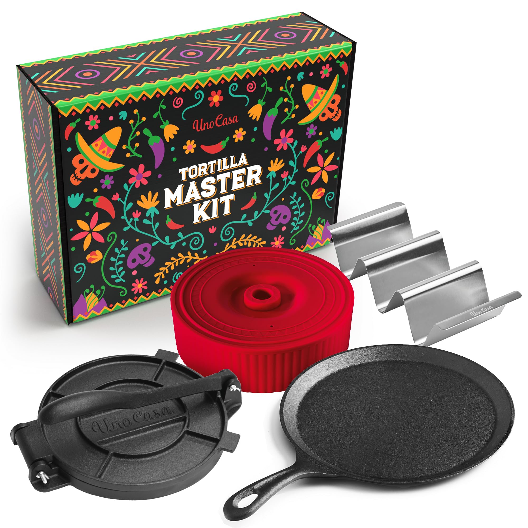 Uno Casa Tortilla Master Kit - Tortilla Press 8 Inch with Comal Pan, 4 Taco Holders, and Tortilla Warmer - Complete Taco Tuesday Kit, Rotis, and Quesadillas - Unique Gift for Friends and Family