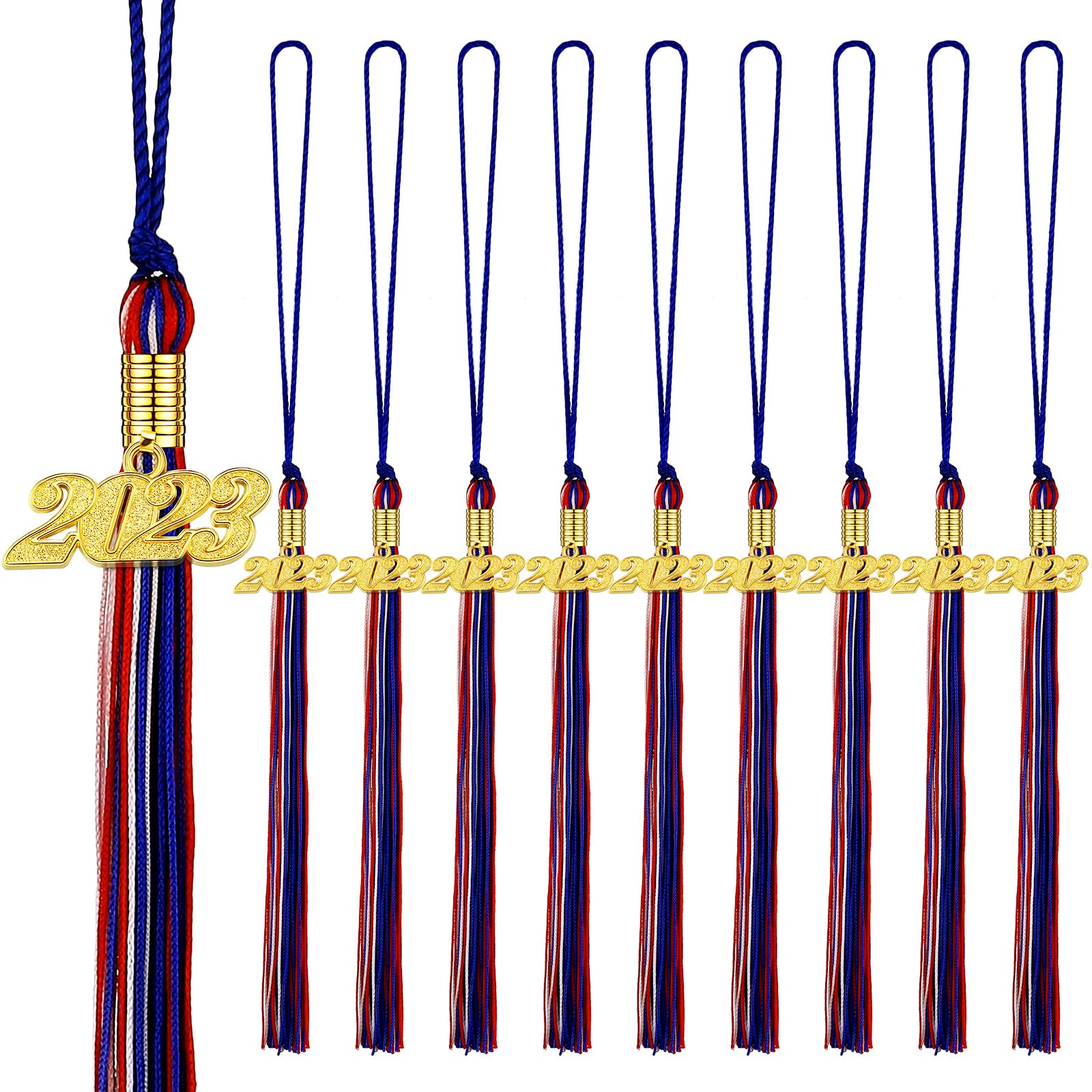 36 Pieces 2023 Grad Graduation Tassels Graduation Cap Tassels Graduation Hat Decoration Tassel with 2023 Year Gold Date Charms for 2023 Graduation Party Activities (Blue, White and Red)