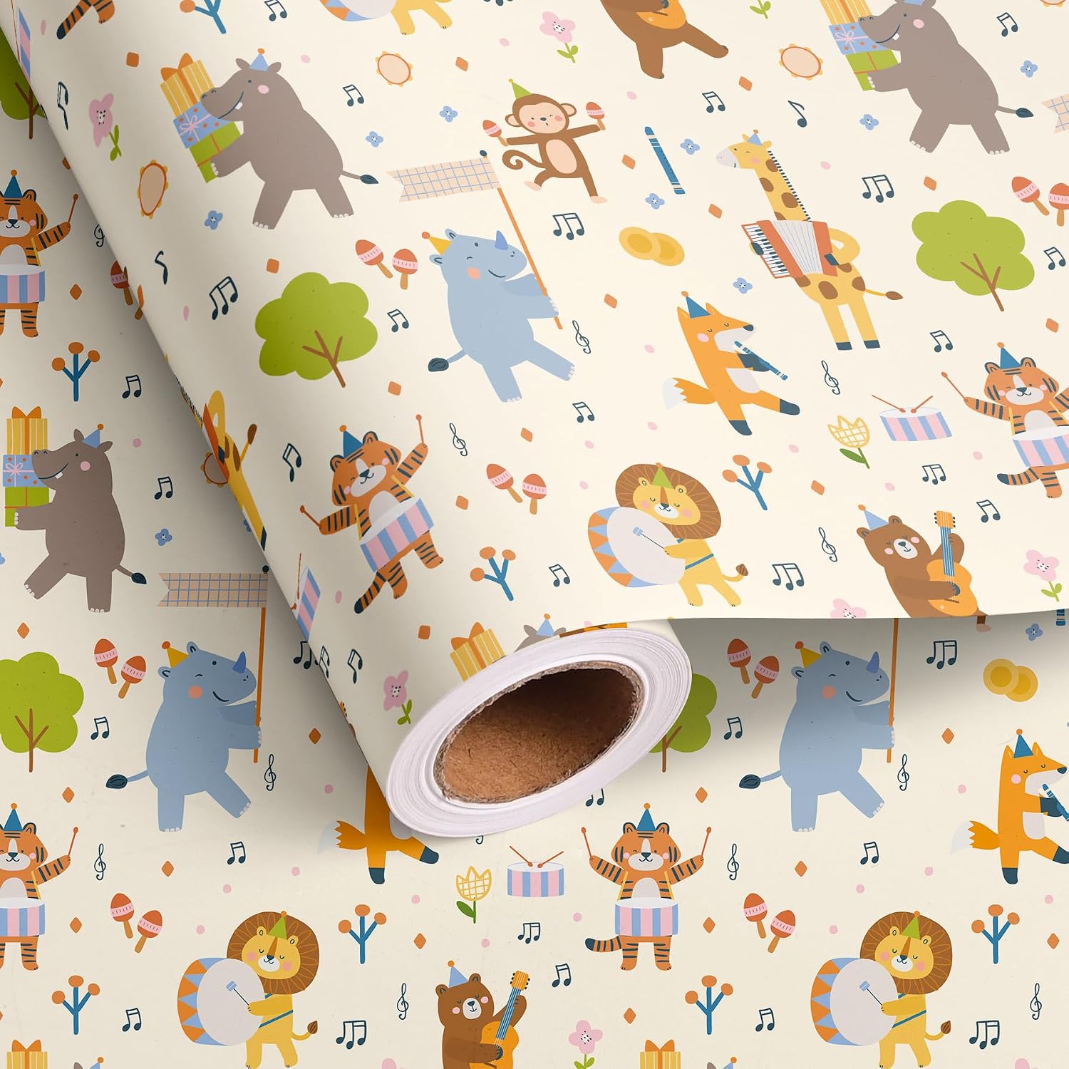 Dlyrroba Animal Parade Wrapping Paper - Cartoon Wildlife Music Band Design Gift Wrap for Birthday Baby Shower Party 17 Inch x 16.5 Feet