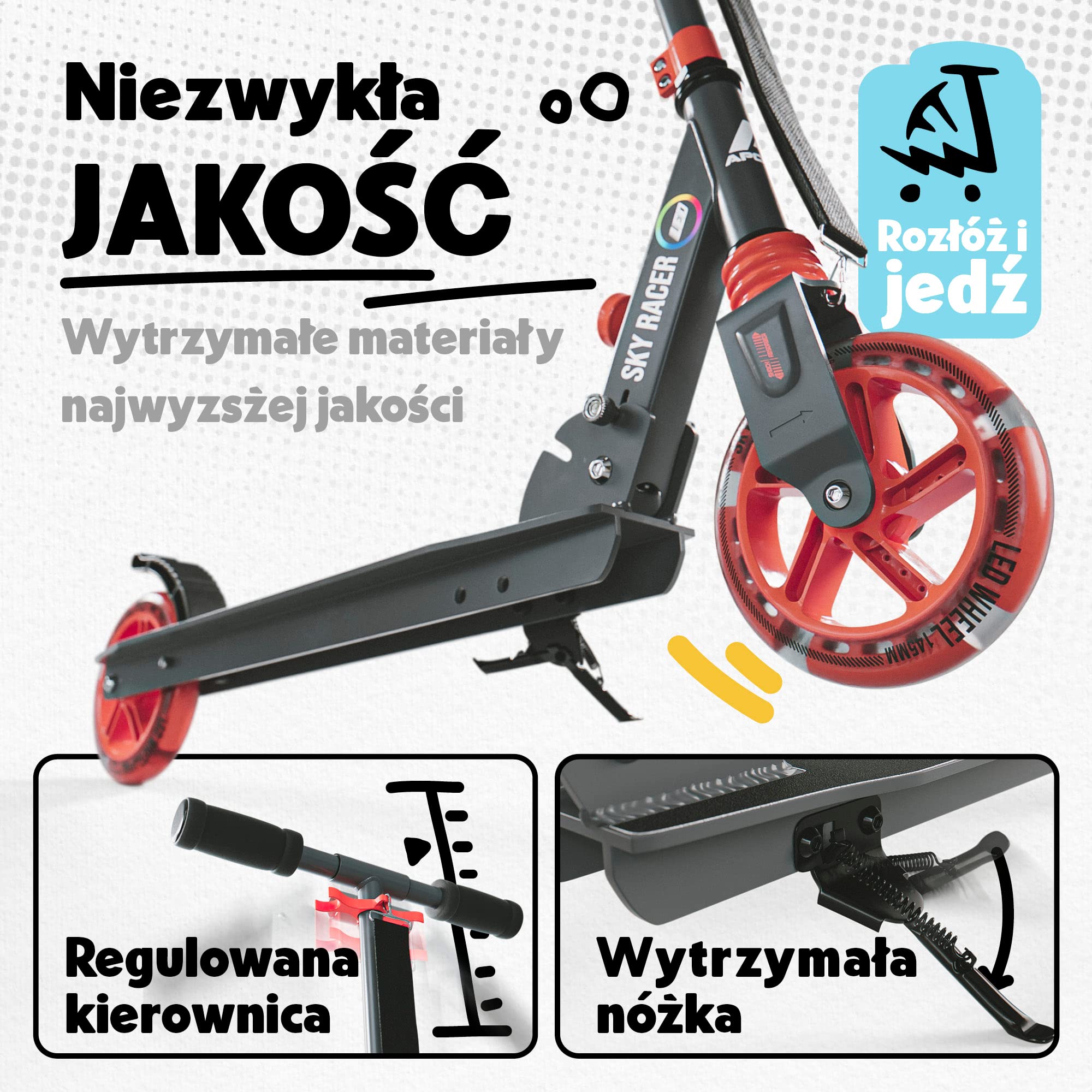 Apollo 145mm hulajnoga miejska z amortyzacją „Skyracer” składana i z regulowaną wysokością kierownicy