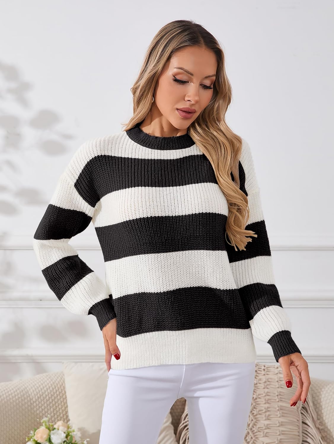 SunnyMelody Womens Cute Color Block Striped Sweater Fall 2025 Pullover Knit Tops - Ribbed Crew Neck, Lightweight, Loose Fit - Image 6