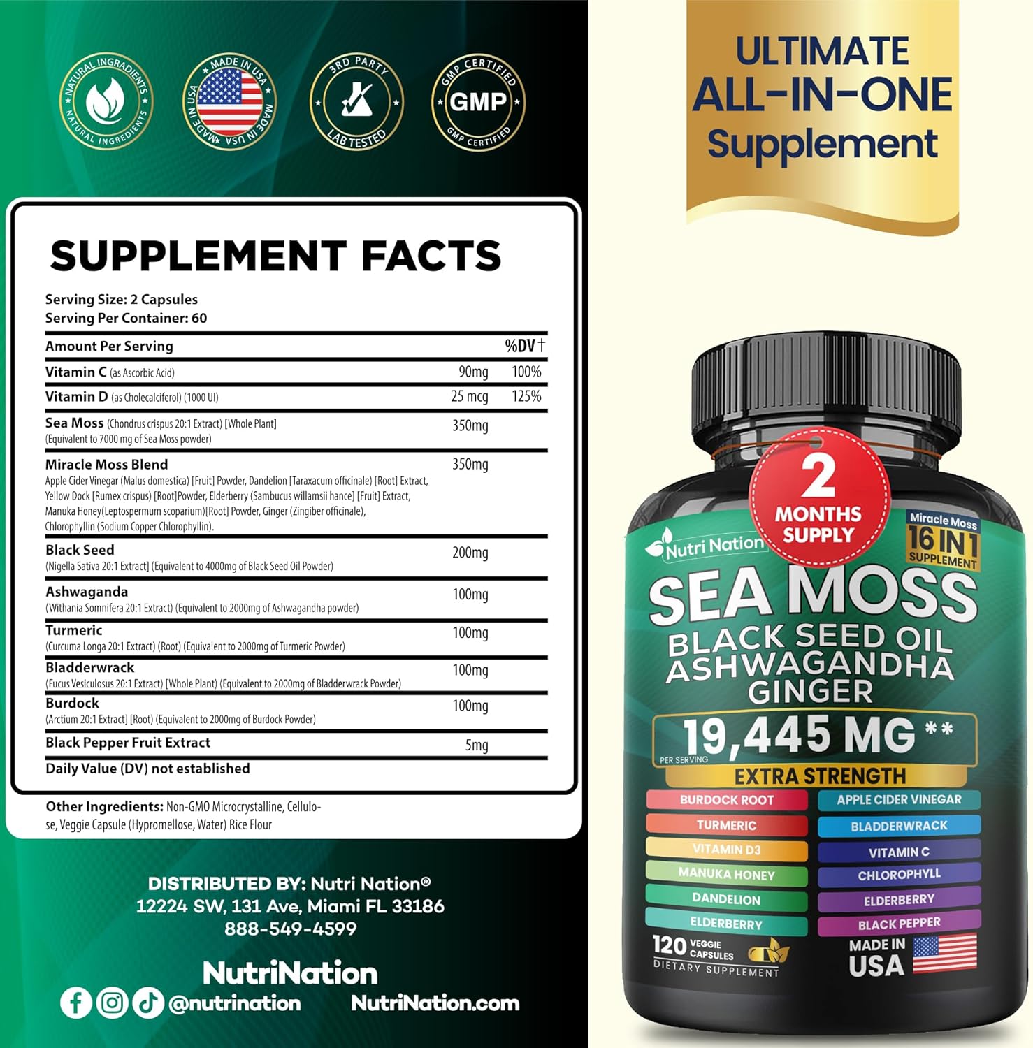 Dynamic Vitality Bundle - Sea Moss 7000mg, Black Seed Oil 4000mg, Ashwagandha, Ginger, Shilajit 9000mg, Rhodiola Rosea, Panax Ginseng - Herbal Supplement - Vegan Capsules