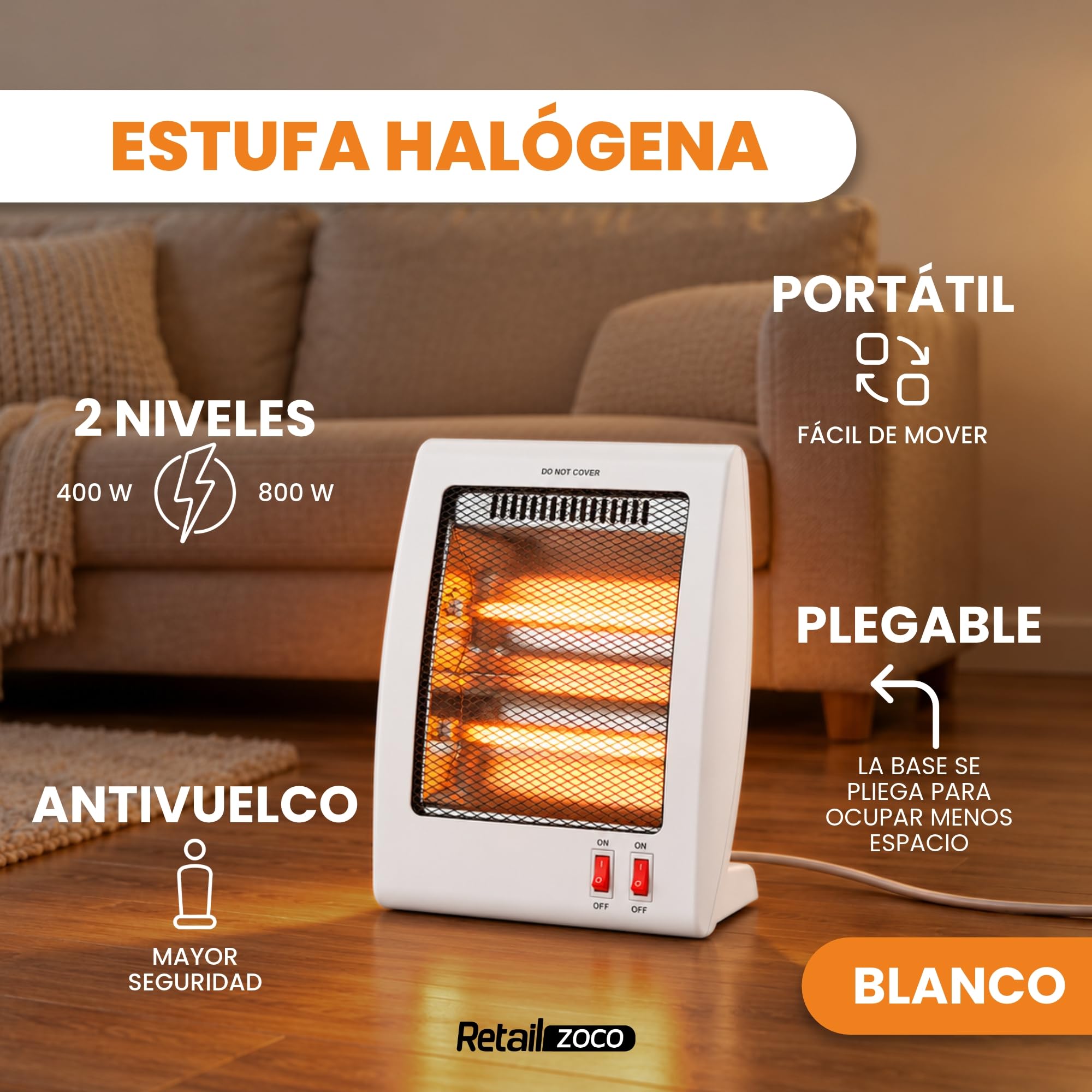 Estufa Halógena Eléctrica 400/800 W Portátil con Antivuelco, Blanca - imagen 2