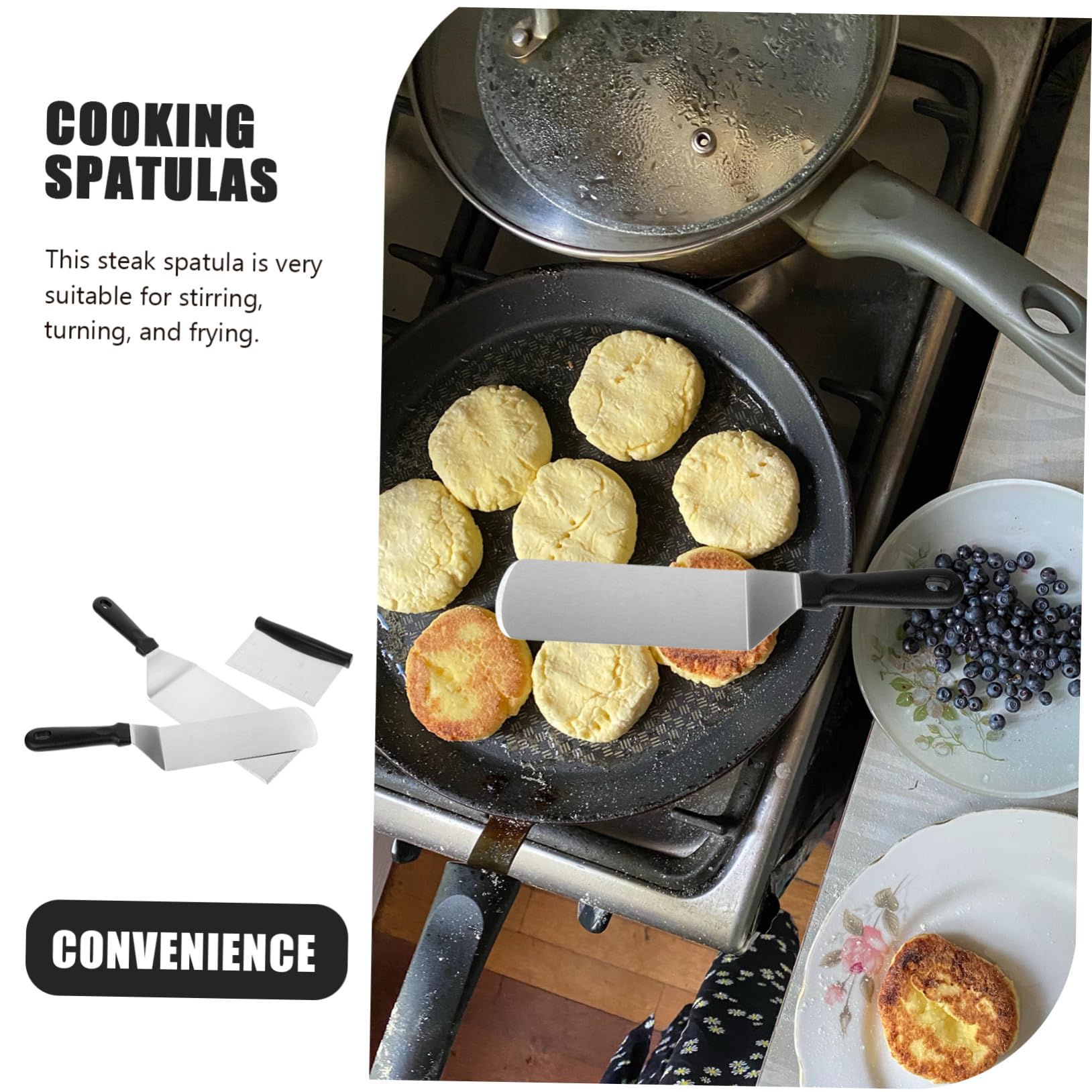 Set 3 Pezzi Spatole Argento in Acciaio Inossidabile e Pp per Cucina Funzione di Girare e Mescolare per Barbecue e Padelle