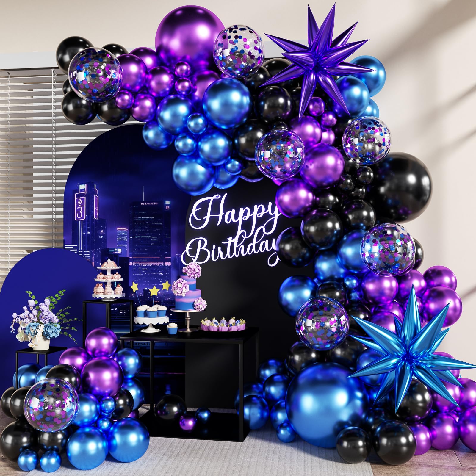 Photo 1 of Black Purple Blue Balloon Garland Arch Kit, 140Pcs Metallic Blue Purple Teal Balloons Confetti Balloons with Stars for Fun Play Party Decorations Baby Shower Engagement Birthday Party Decorations