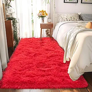 2x6 Fluffy Area Rug - Soft Shag Runner Rug for Bedroom - Non Slip Runner Living Room Rug Plush Carpet Runner Red