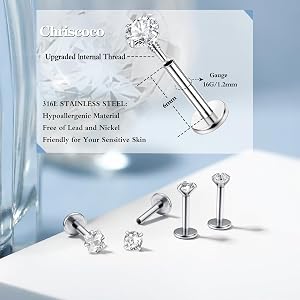 LAURITAMI 16G Helix Piercing Orecchini Tragus Cartilagine Acciaio Inossidabile CZ Trago Piercing Conch Orecchio