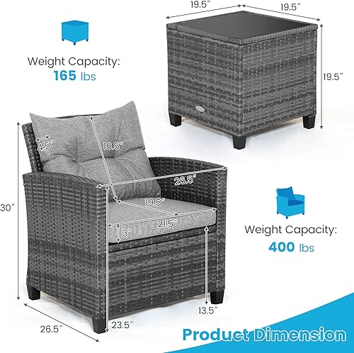 Miniatura 9 de HAPPYGRILL Juego de muebles de patio de 3 piezas juego de conversación de ratán de polietileno para exteriores con cojines extraíbles sofás de