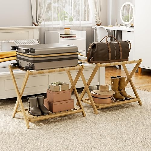 Bastidores de equipaje totalmente montados, paquete de 2, soporte plegable de bambú de 26.77 pulgadas para habitación de invitados, 5 correas de