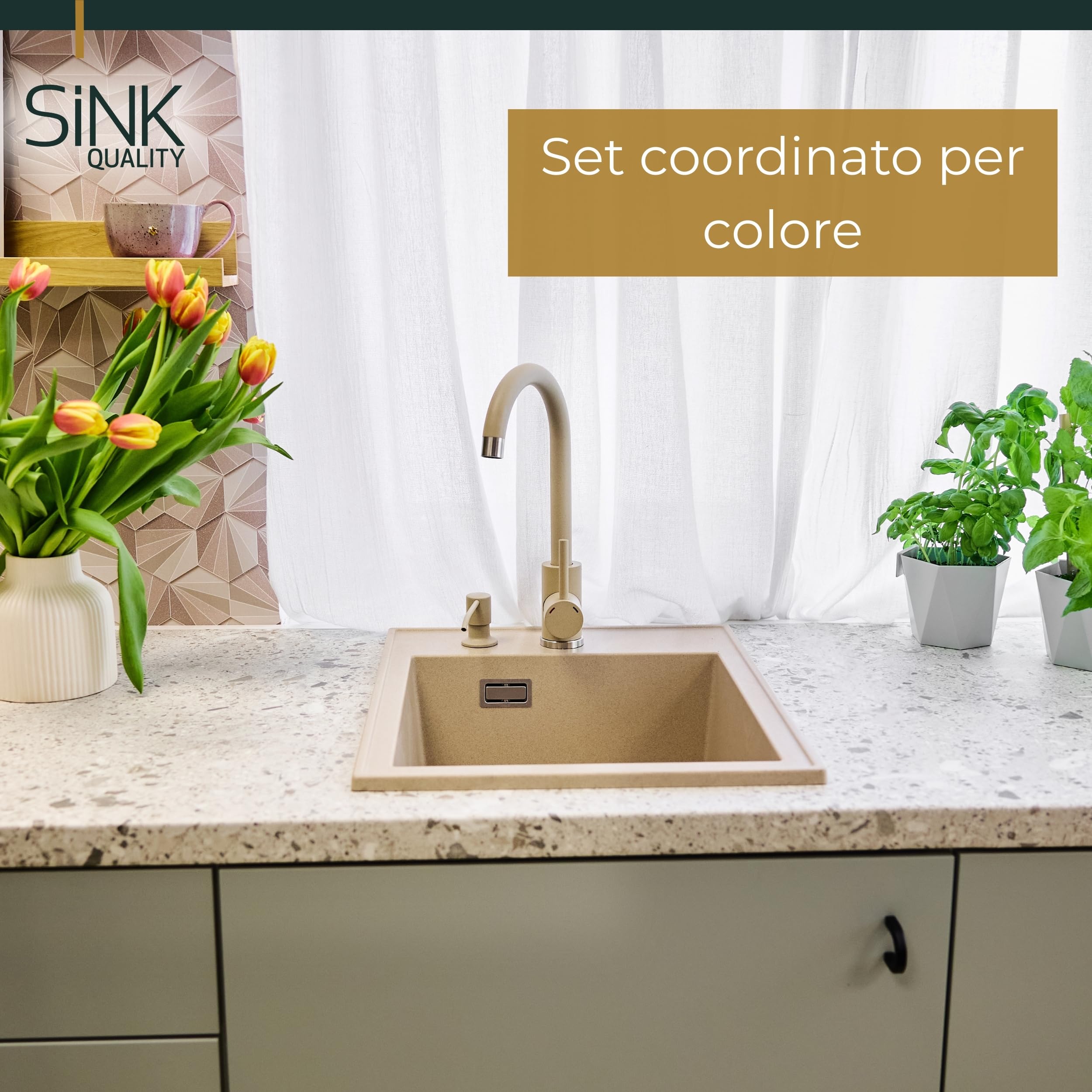 SINK QUALITY - Set completo di lavello in granito, 40 x 50 cm, con rubinetto da cucina, dispenser di sapone, sifone e impregnazione, lavello senza scolapiatti per mobiletti a partire da 40 cm di