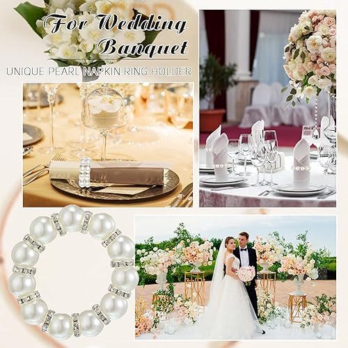 Miniatura 5 de 50 servilleteros de perlas  plata elástica estirada con diamantes de imitación de serviette hebilla de resorte con cuentas para fiesta de Acción de