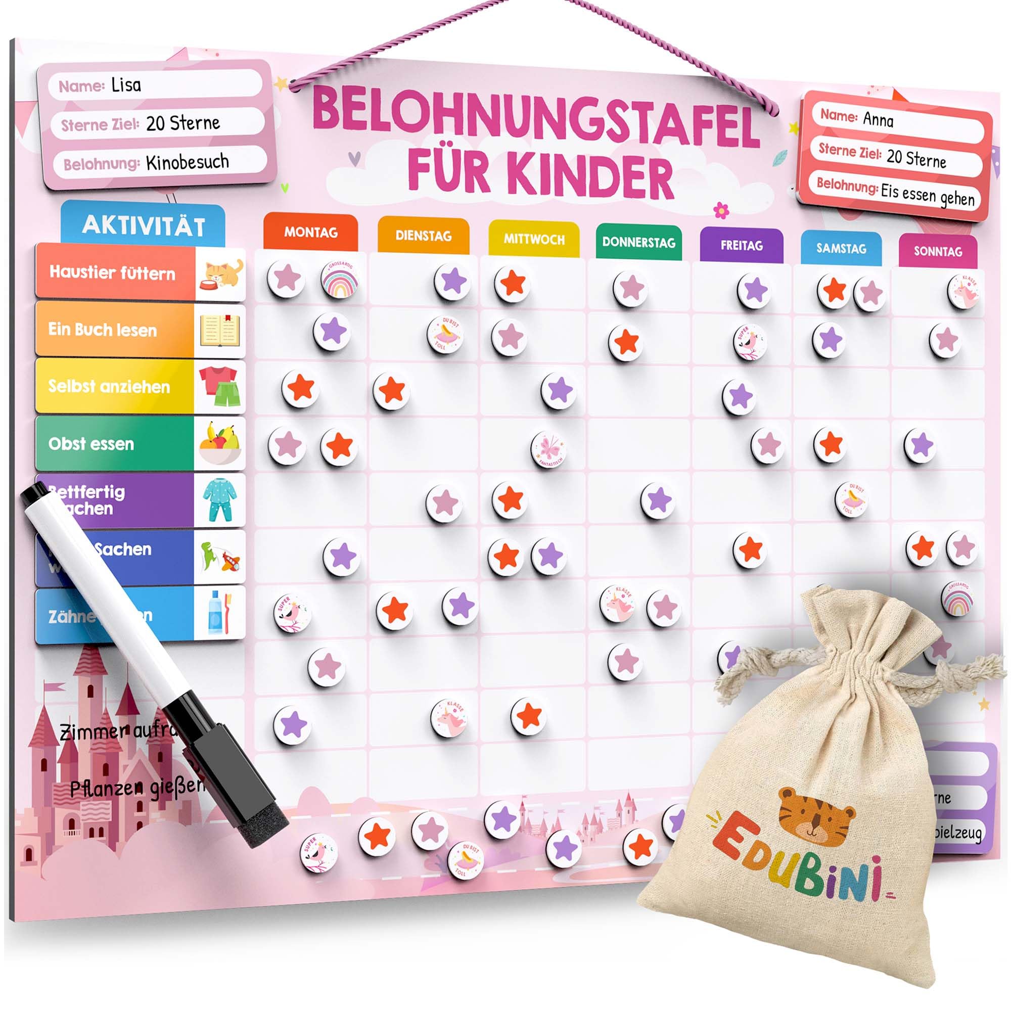 Edubini Belohnungstafel für Kinder - [100 Aufgaben + 350 Magnete] - Belohnungssystem für Verantwortung - Family Plan, Montessori Magnettafel, Wochenplaner, Adhs Hilfsmittel - inkl. Tasche, Stift