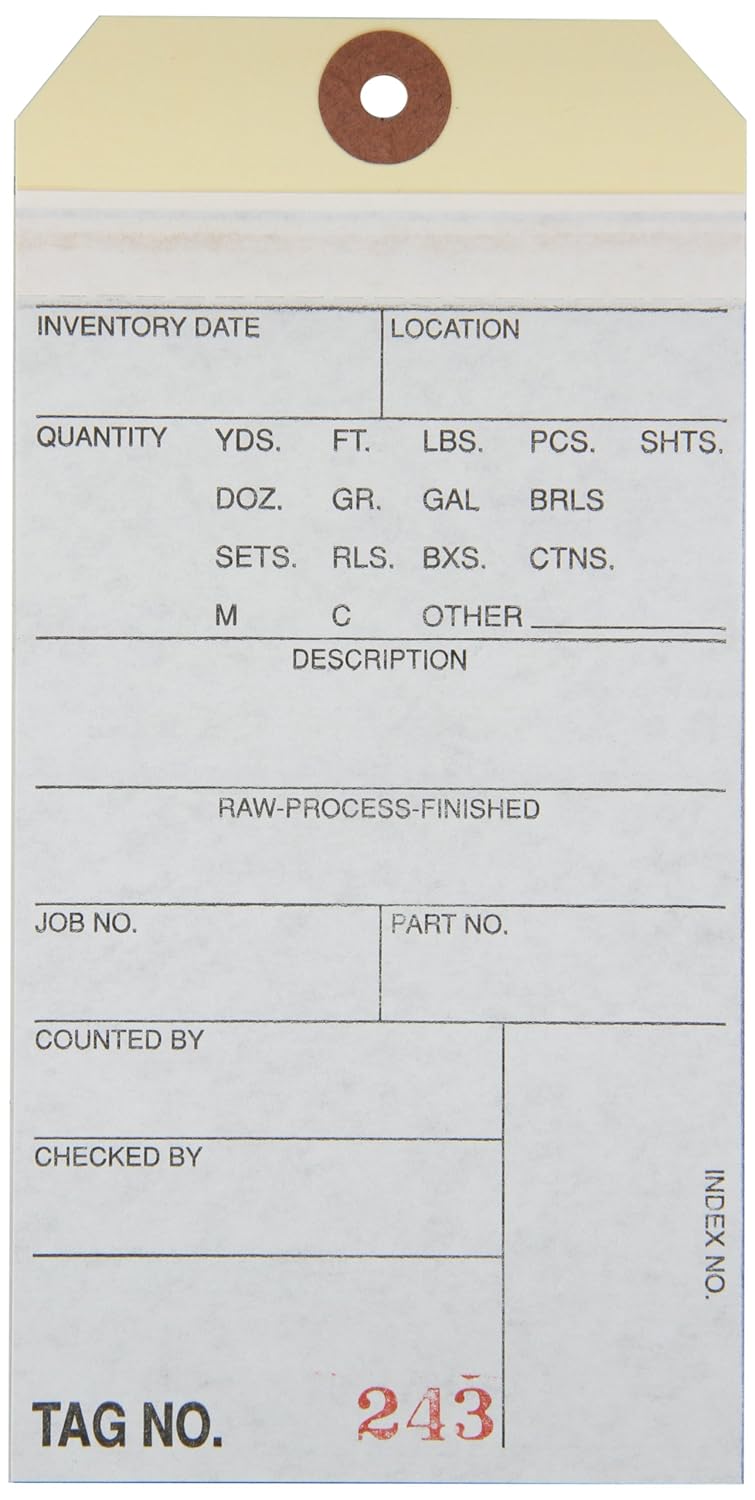 Aviditi Inventory Tags with Printed Carbon Top Sheet #8 6 1/4" x 3 1/8", Consecutively Numbered Series (0001-0499), White/Manila, for Inventory Management, Case of 500, (G17011)