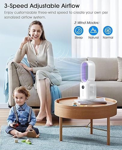 Miniatura 5 de let'me Ventilador de escritorio, ventilador oscilante de 106 para interiores, sin aspas con 3 velocidades, ventilador de oficina pequeño con luz LED,