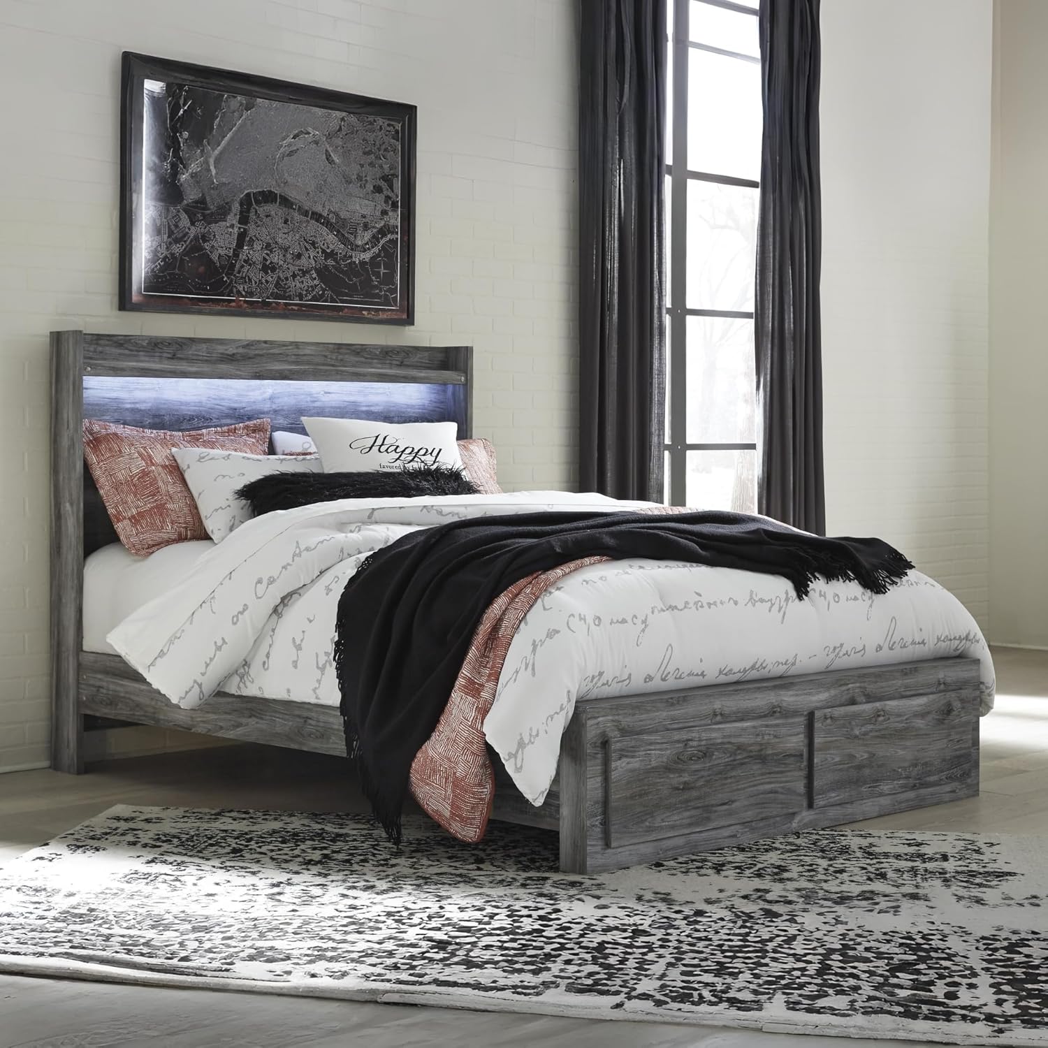 Signature Design by Ashley Baystorm Casual Queen Panel Platform Bed with 2 Storage Drawers and LED Light, Foundation or Box Spring Not Needed, Gray