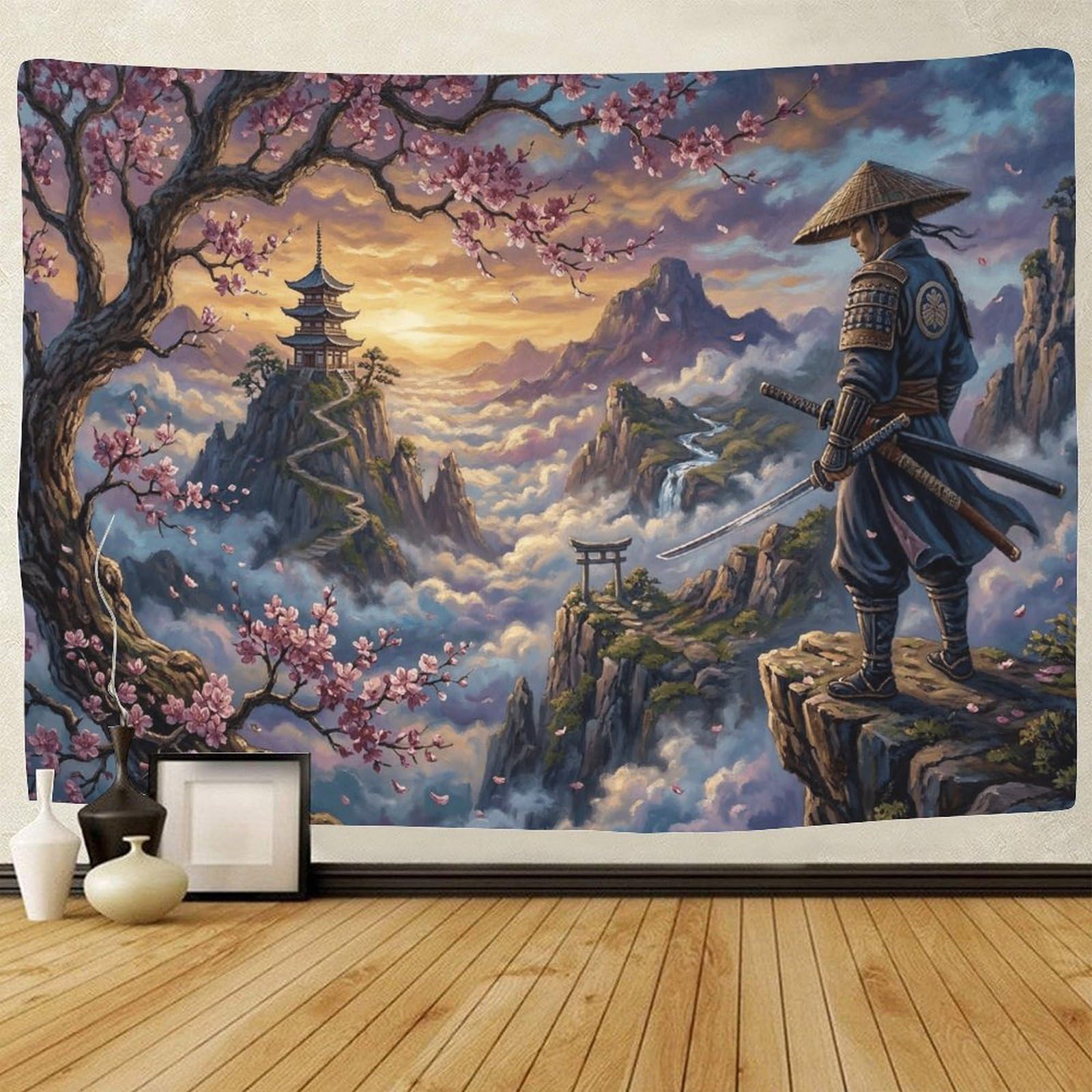 GPMNBCXZK Japanese Samurai Wall Tapestry Home Decor 3D Cherry Blossom Art for Living Room Bedroom Dorm 70cmx100cm
