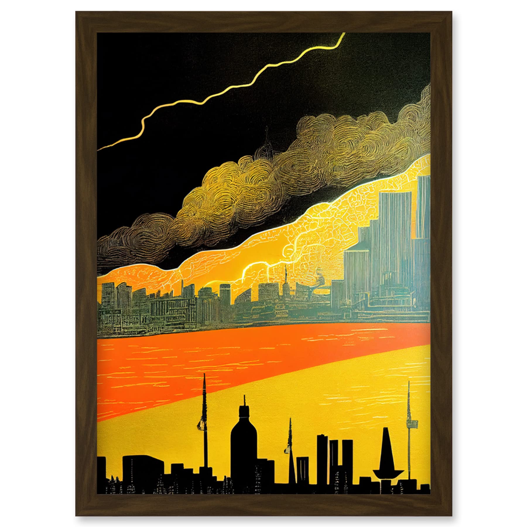 Wee Blue Coo Modern Black Yellow Orange Linocut London Skyline Cityscape Storm Lightning Artwork Framed Wall Art Print A4