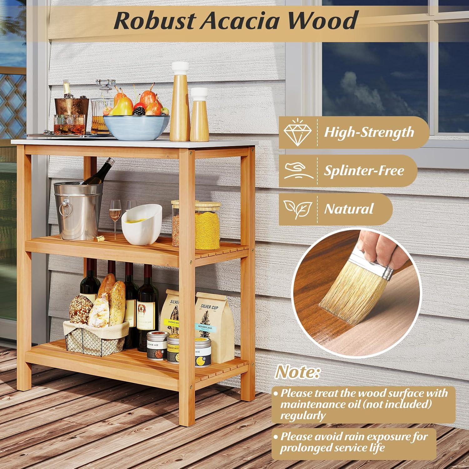 Goplus Patio Wooden Sideboard, 3-Tier Acacia Outdoor Kitchen Buffet Organizer w/Marble-Like Countertop & 2 Slatted Shelves, Garden Potting Bench Table & Plant Stand for Backyard, Garden, Deck