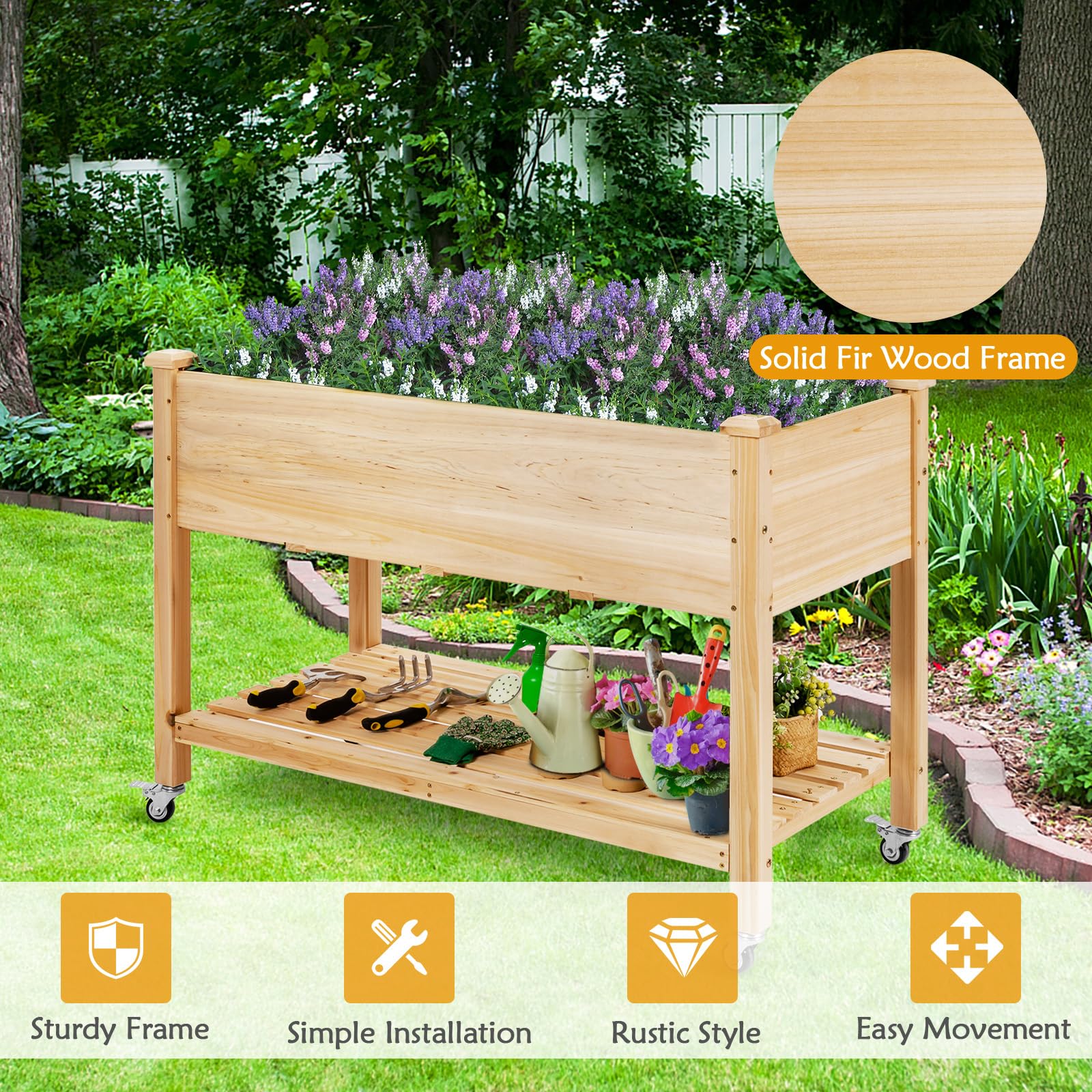 HOMASIS Jardinière sur Pieds avec roulettes et Étagère, Carré Potage Surélevée en Bois avec Trou de Drainage et Non-Tissé Intérieur, pour Jardin, Balcon, Terrasse 120 X 59 X 84 Cm